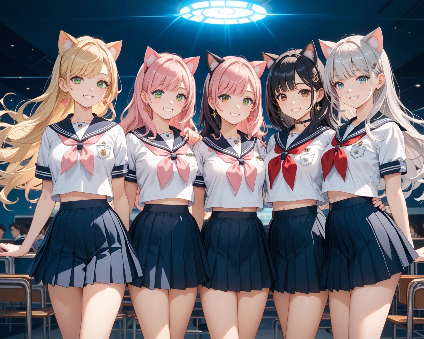 (6+ girls, fluttering skirt, skirt lift, self lift, white underwear, camel toe:1.1), Big breast, kind smile, sweetlip, black outfit, navel, white thighhighs, gloves, (from below, look at viewer:1.1), wide shot, group photo, first person view, scenery