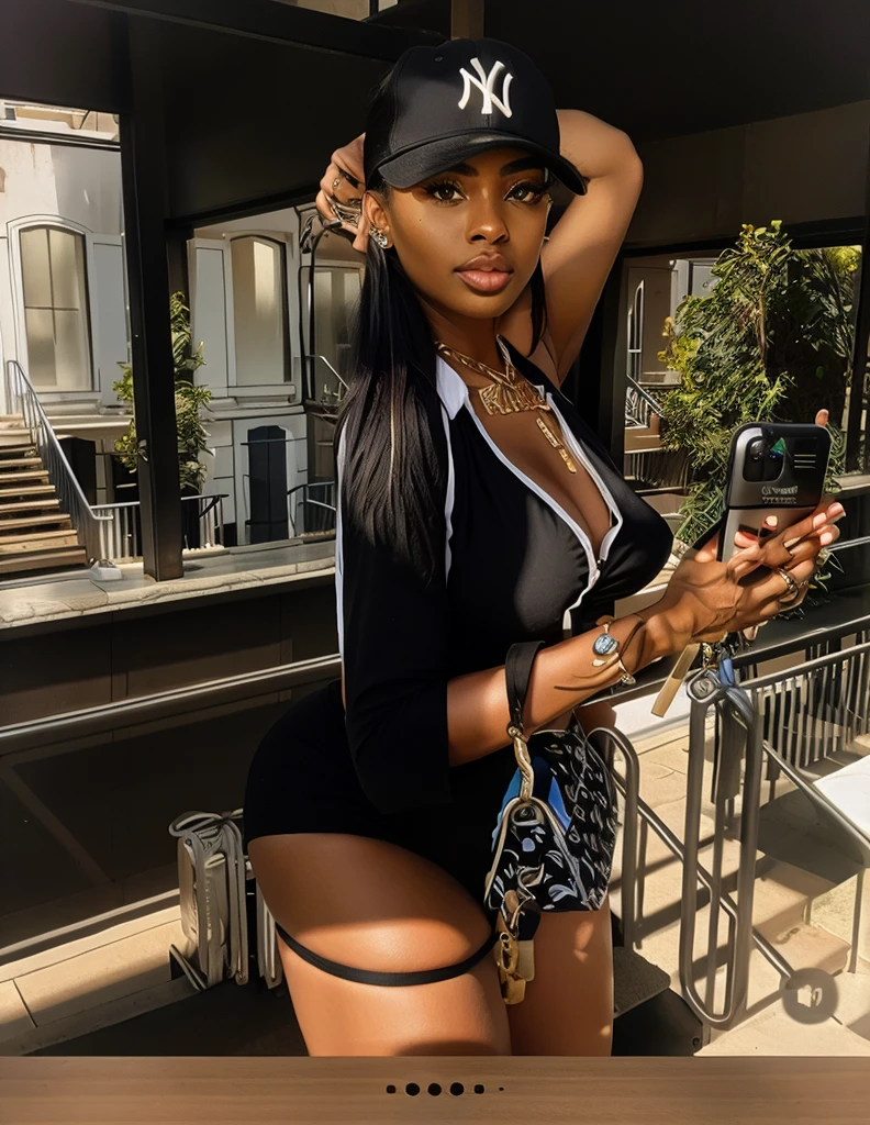 High quality deep ebony girl age 23, ice spice body type, wearing long stylish lounge shorts with a gorgeous tank top showing cleavage and accessories such as a baseball hat and gold bangles. Sitting at a fast food place with few people, golden hour time, a busy street is seen outside the window , she is smiling without showing her teeth while string a pose for instagram