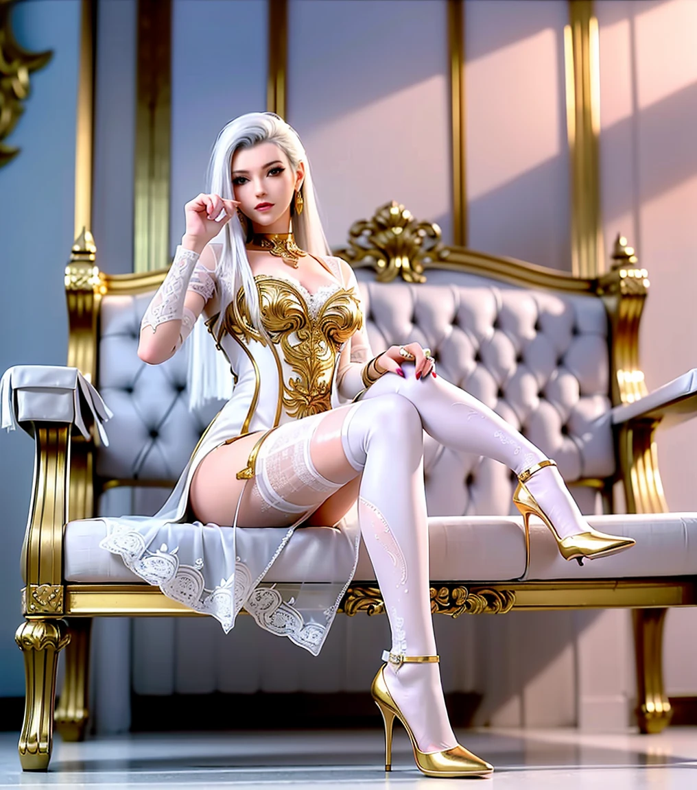 (high quality, ArtStation, Relax Art, fantasy style:1.2), (A beautiful cute girl), (long messy white hair:1.1), (intricate ornate backless black bra, stockings ), (intricate gold ornaments:1.2)