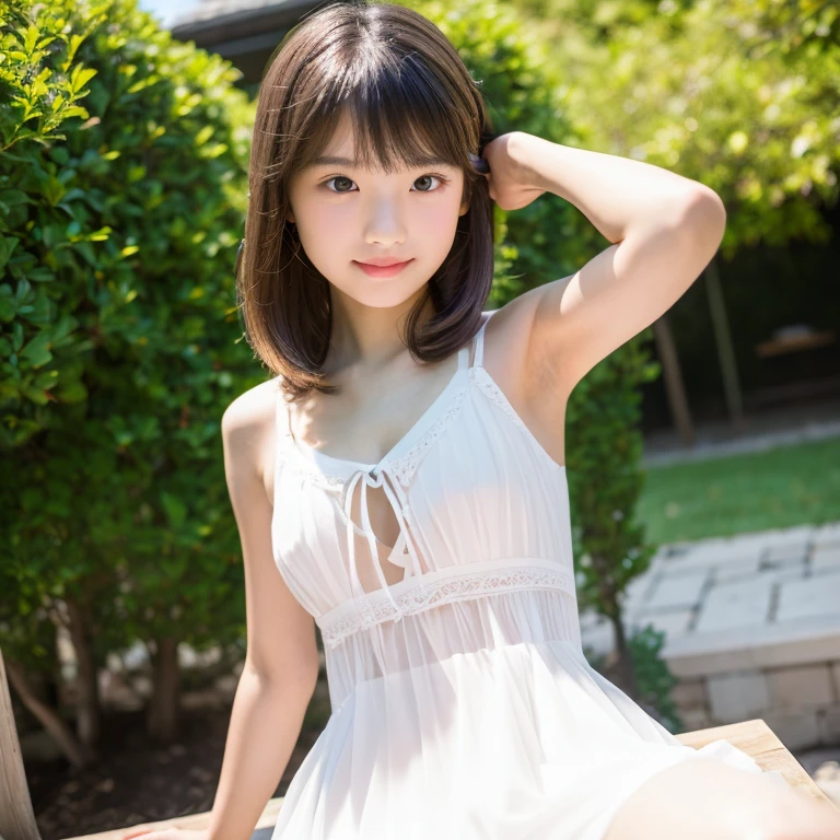((Best of the highest quality, 8k, Masterpiece: 1.3, raw photo)), Sharp focus: 1.2, (1 AESPA girl: 1.1), (Solo: 1.18), (realistic, photo-realistic:1.37), face focus, cute face, finely eyes, (Small breasts, flat chest, Thigh: 1.3), (full nude, neat silk camisole: 1.4), short messy hair, updo, (sitting on bed: 1.2), garden, flower