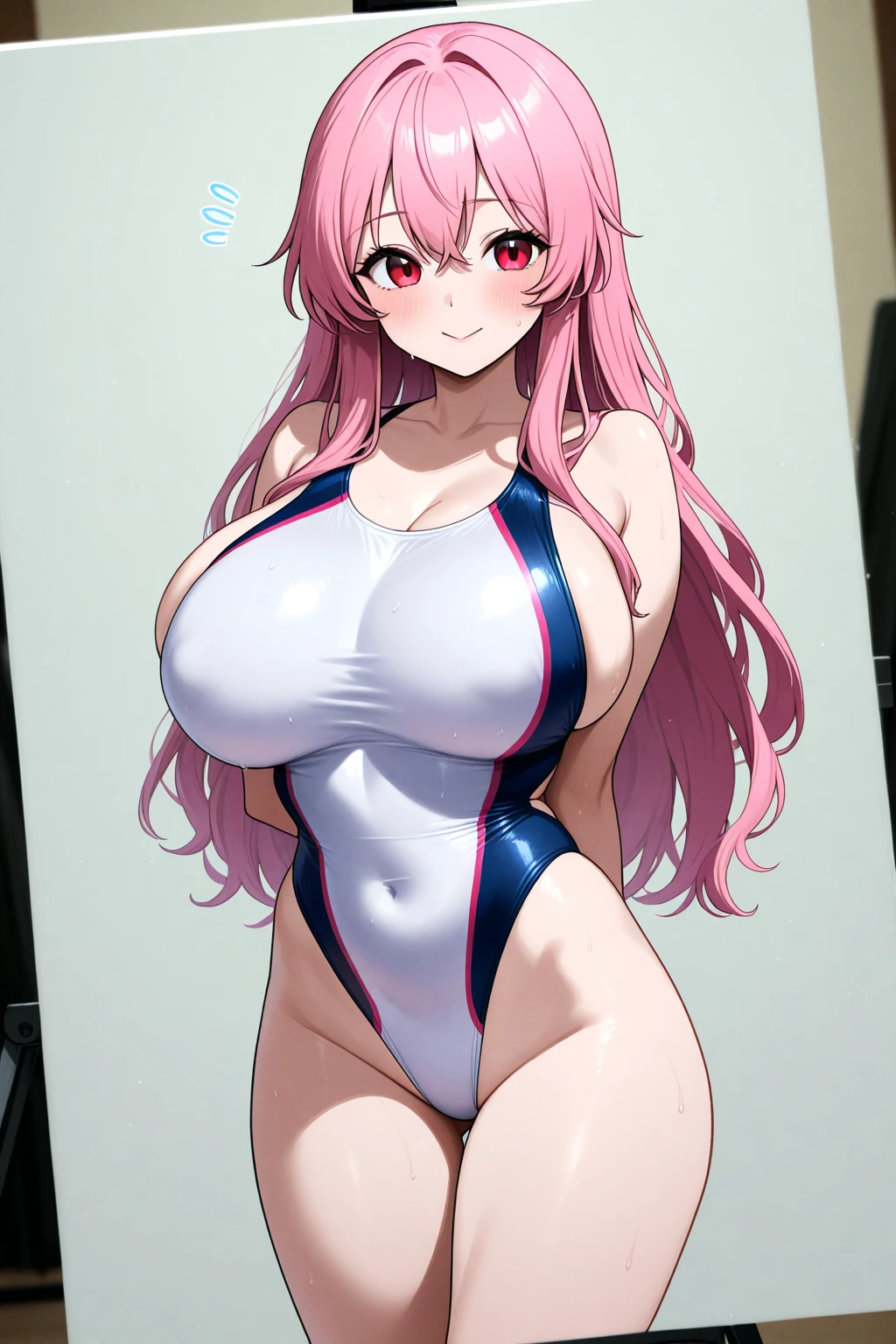 1girl, pink hair, white panties, top clothes revealing, very curvy, shiny body, kneeling, open mouth