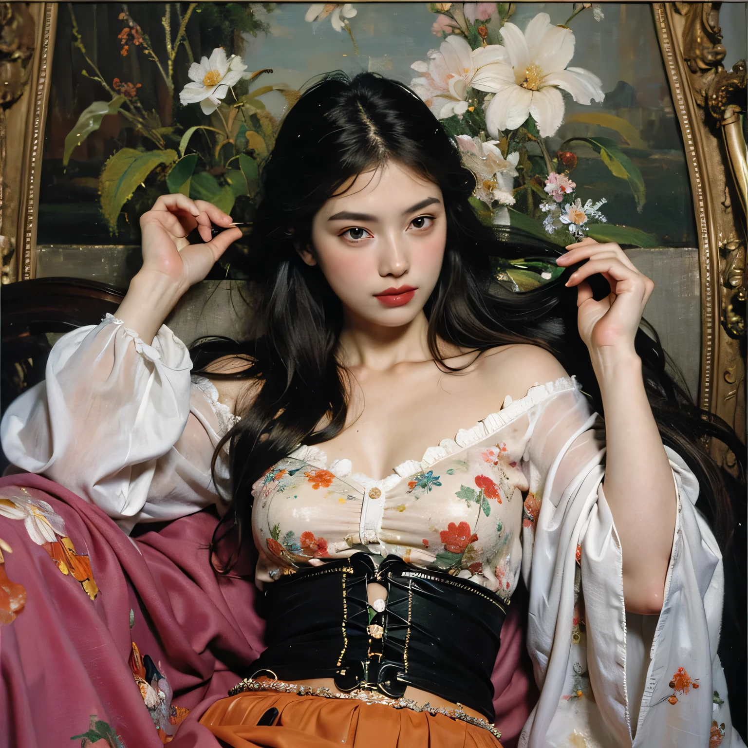 Best quality，masterpiece，（Oil painting：1.5），A lady with long black hair，Exquisite facial features，Headgear，Sitting in front of a Chinese landscape painting，Red Dress，（Amy Saul：0.248），（Stanley Liu：0.106），（A detailed painting：0.353），（Renaissance classical oil painting style：0.8）