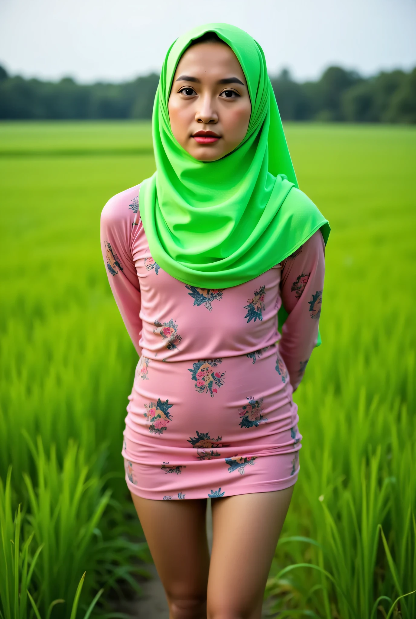 night, Just Front photo, (thin body) "really sad & gloomy face expression", Wearing flora print hijab, Skinny hijab skinny hijab skinny hijab skinny hijab, (photorealistic:1.6) (Indonesian green Fluorescent hijab), (mini tiny tights Hotpants), background rice paddy. daytime atmosphere, flat chest!, hands behind back while legs astride, Look from the front you are stupid!, wearing Fully pink flora print tight dress chubby pussy
