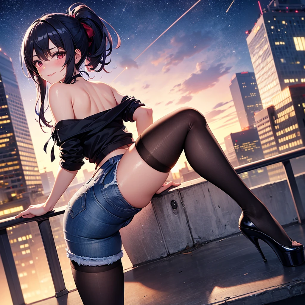 ((medium breast, tomboy girl, small head)), daylight, sunlight, (perfect body: 1.1), (young), (short wavy hair: 1.2) , choker, full body shot, crowded street, ((miniskirt)), (extremely detailed CG 8k wallpaper), (an extremely delicate and beautiful), (masterpiece), (best quality:1.0), (ultra highres:1.0), beautiful lighting, stiff nipple, perfect lightning, pulling skirt, realistic shadows, [highres], detailed skin, ultra-detailed, spread thigh, one leg up, squatting on the floor, black thigh high, red high heels, large earring, thighs, (((colorful))), (micro bikini), angle from below, mesh skirt