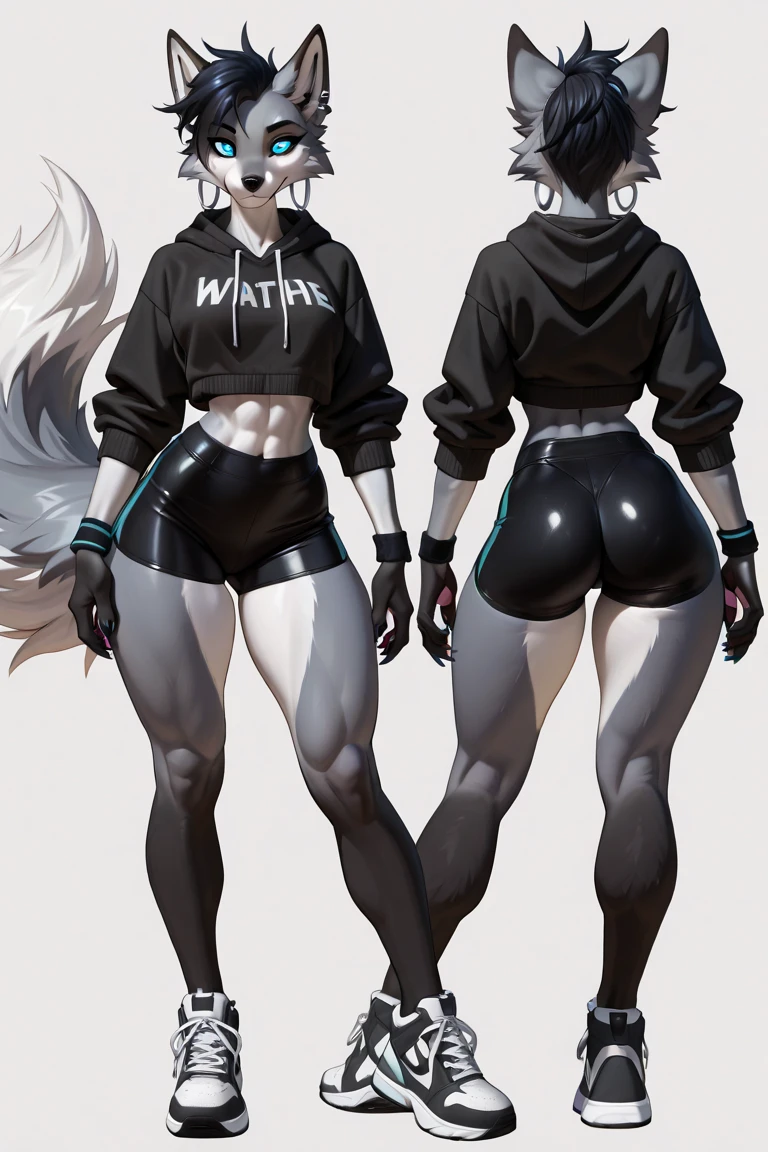 wolf-boy, short black hair, golden eyes, big fluffy tail, big sharp wolf ears, cropped hoodie, midriff, black hoodie, sweat, black thigh socks, converse shoes, Vibrant, HD, masterpiece, best quality, slim upper body, thick lower body, toned abs, smug, full body view