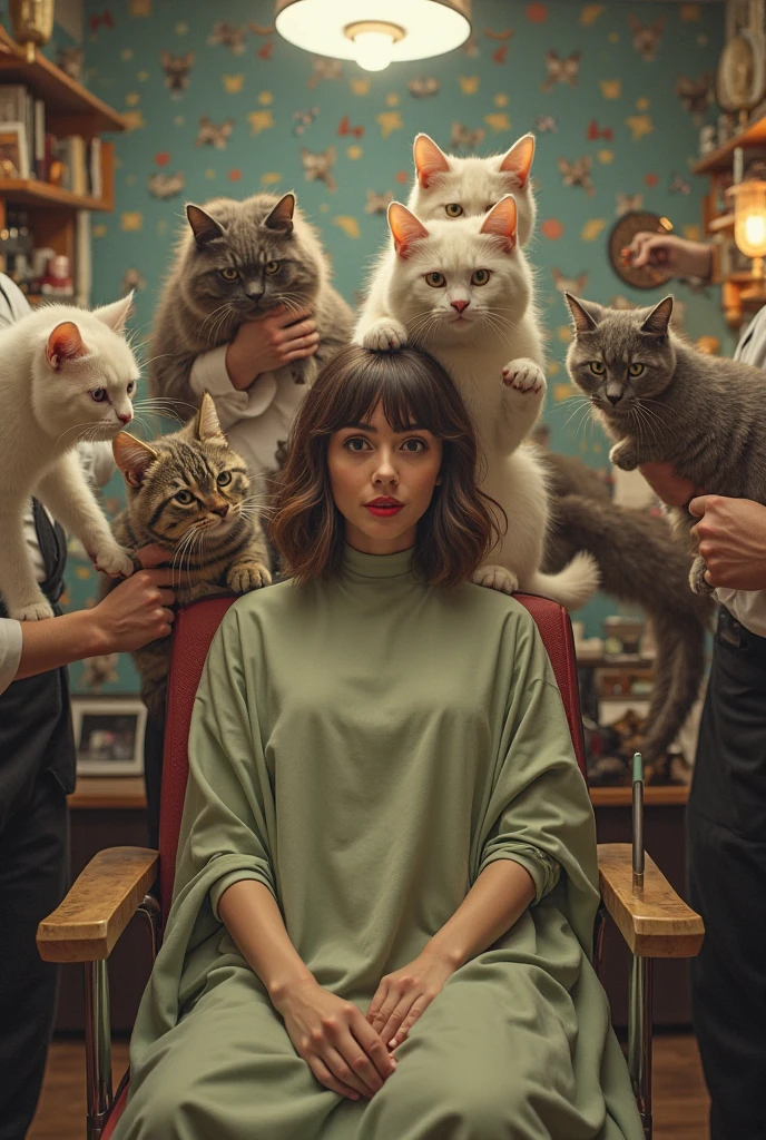 there are two cats sitting in a chair with a woman sitting on it, roger deakin ’ s cinematography, apple orange, gloss, swift, protagonist in foreground, short hair style, mercury dress, golden computers, scottish fold, barbarella, floors, person in foreground, elevator, stylised, header, taylor swift with green dress, sixties, champagne