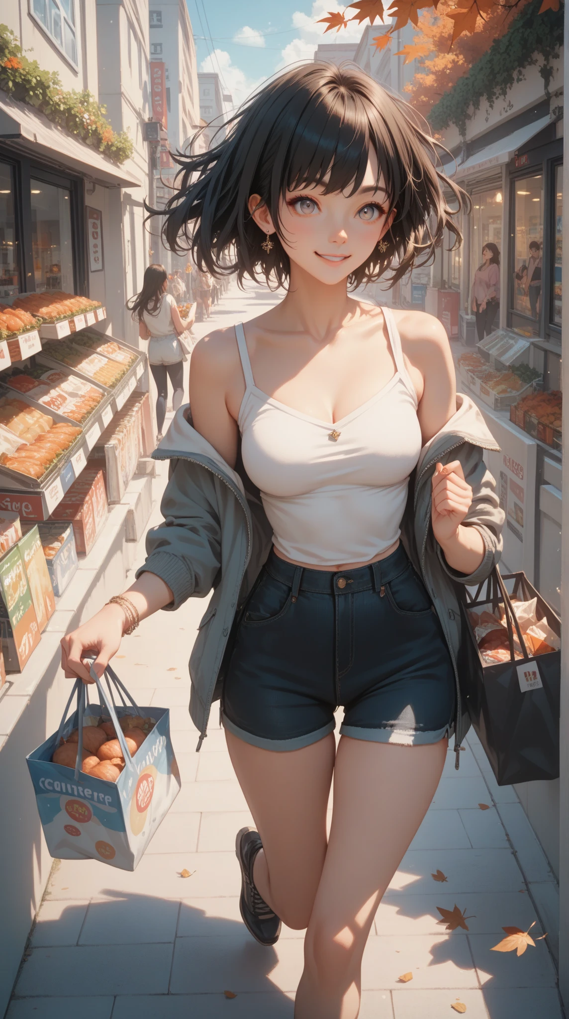 1 girl, topless, dolphin shorts, outdoor, navel, nipples, streets, marketplace, puddle, sneakers, necklace, sleeveless, holding plastic bag, wet, smiling, dirty, market, raining, raindrops, philippines, small body, short height, small breasts, large nipples