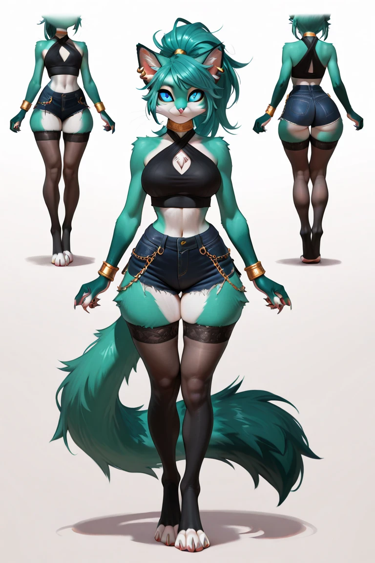 ((Blue-haired woman with fox ears, brown almond eyes, reddish lips)), high-heeled shoes, ((same character, front, side, back)), (anime style), (webtoon anime style drawing))