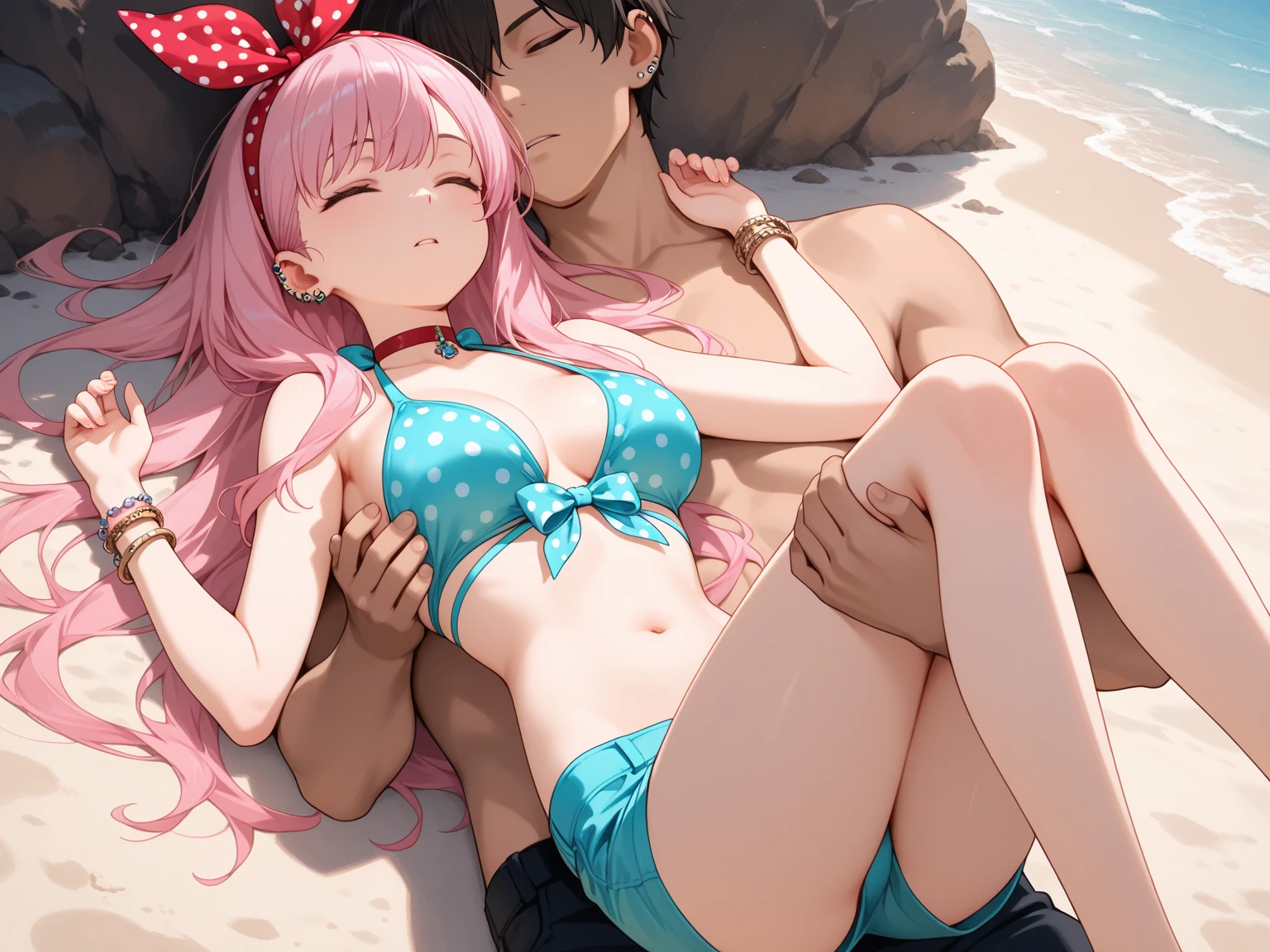 super sonico, oya, score_9, score_8_up, score_7_up, score_6_up, score_5_up, score_4_up, BREAK source_anime, source_explicit, oya, 1young boy and 1girl, oneshota, the boy is lying down, kiss, saliva, megami magazine, anime screencap, BREAK 1girl, girl on top, cowboy shot, headphones, long hair, red eyes, half closed eyes, horizontal striped bikini, (huge breasts:0.9), beach, steam, nsfw, blush, embarrassed, motion lines, official art, sweat, heart spoken