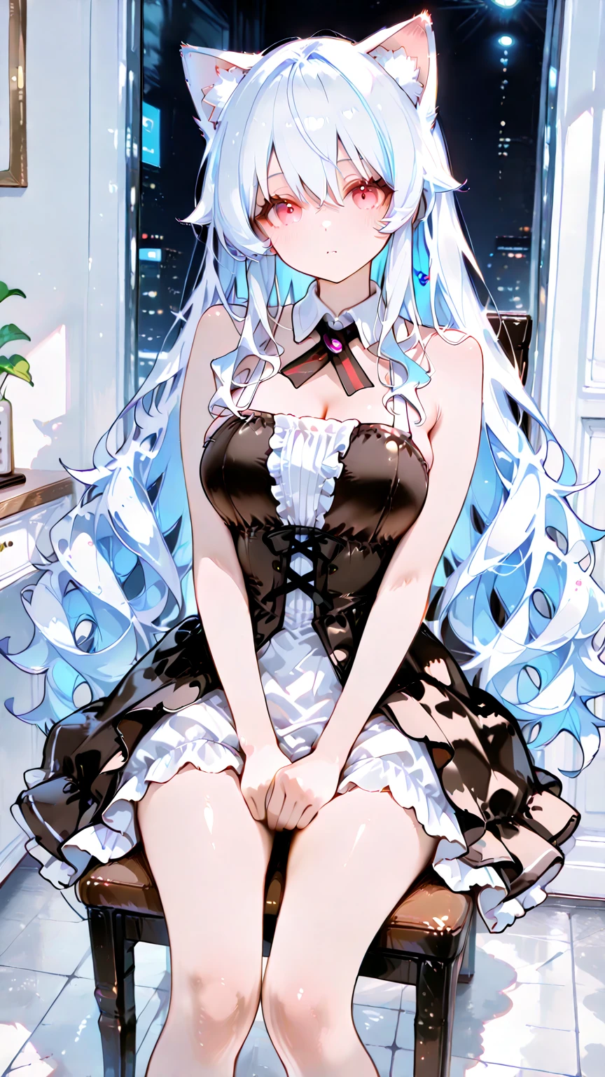 best quality, ultra precision, 1girl, cute, little girl, young, boyish, childish, small breasts, Long silver hair, Cyan eyes, beautiful eyes, girl, ecstasy, blue dress, start to undress, naughty mood, she loves you, sexy, lost virgin, virgin, blush, beautiful skin, big bow on chest I'm not wearing panties open legs