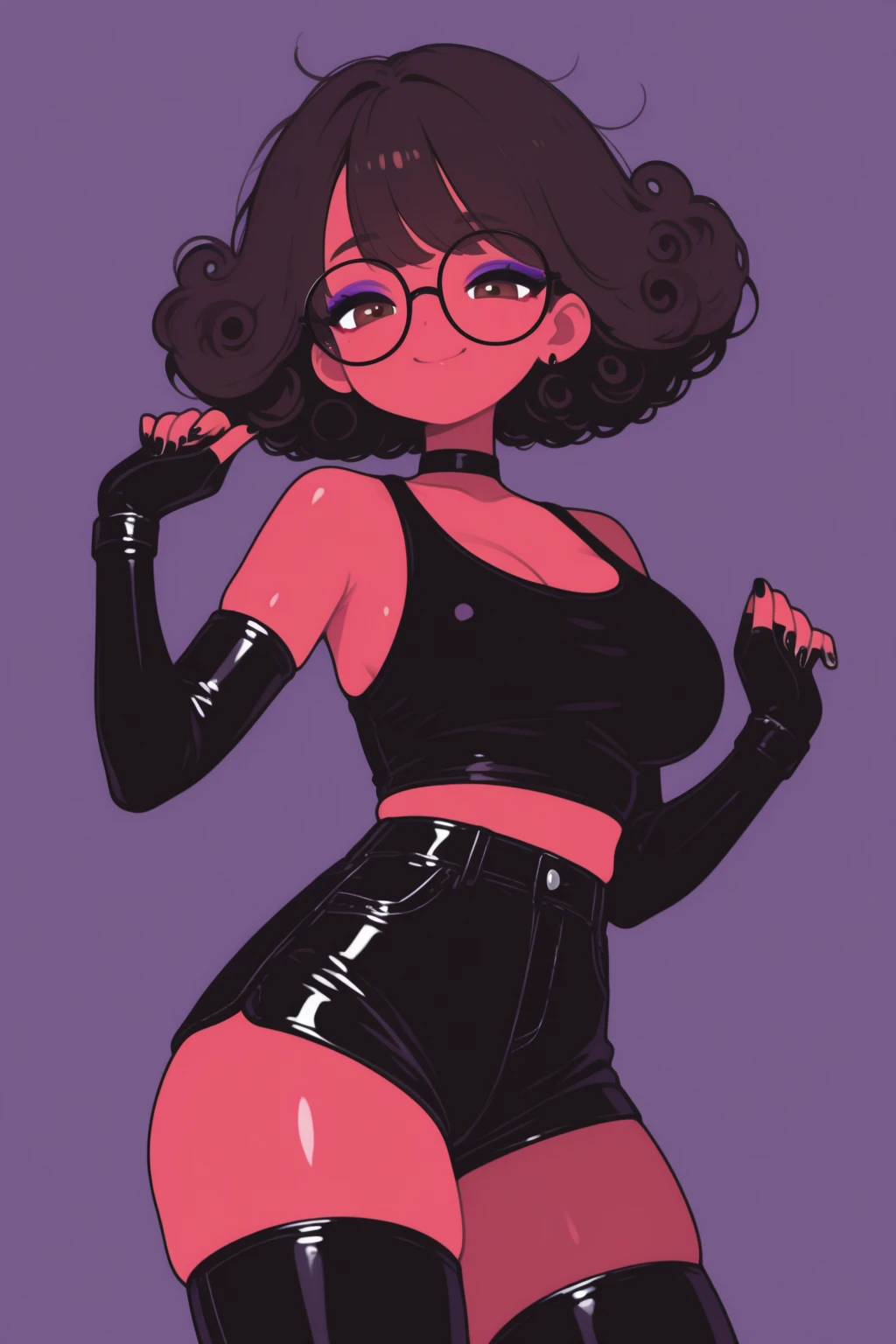 Really embarrassed tomboy girl, with short gray curly hair, brown skin and green glasses, in pink very sexy Lingerie