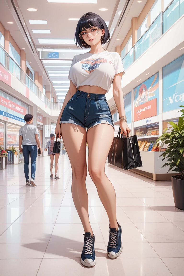 trileg, beautiful woman with three curvy legs, shopping in a mall, casual outfit with skirt, casual white sneakers, age 29, Irish,