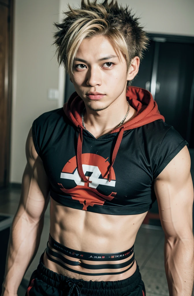Japanese high school boy、16 years old、Well-developed muscles and smooth skin、Pale blonde hair, spiky like Bakugou、Light blue boxer briefs、The whole body is visible from toes to head、Fist pump in the bathroom、Hero Academy、He laughed fearlessly, showing his teeth.