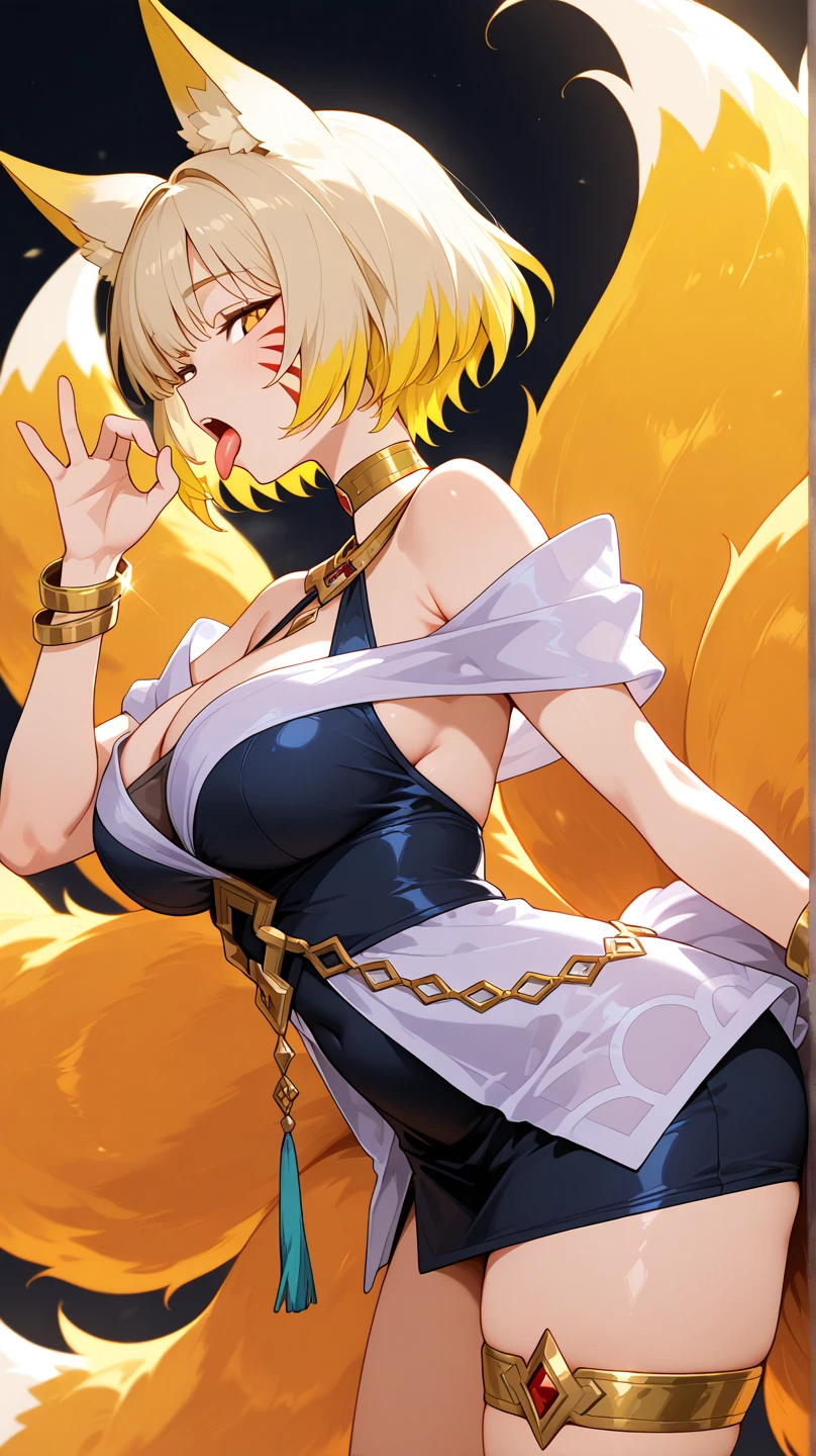 Roxanne ((BLACK BACKGROUND 1:2, masterpiece)) 1solo female full body MILF BIMBO standing straight symmetrical with two long thighs and two metal sandals, red eyes like rubies, eye focus looking to the viewer, silver white hair, short bob style hair, big knockers breastplate, breastplate, cleavage, tiara royal, long cape up to two feet, yellow bikini (yellow tiger stripes), lustful smirking smiling, smile face (red blushed, red cheeks), pauldrons metal shoulders, gold sleeveless bracelets, separate sleeves, hands on waist hands OR hips, golden bracers, metal handcuffs, leather corset, red loincloth, black leather choker slave collar, shackles bracelets, slave red crest under navel, navel, big belt around waist OR hips, feet together, metal ankle, two long thighs and two metal sandals