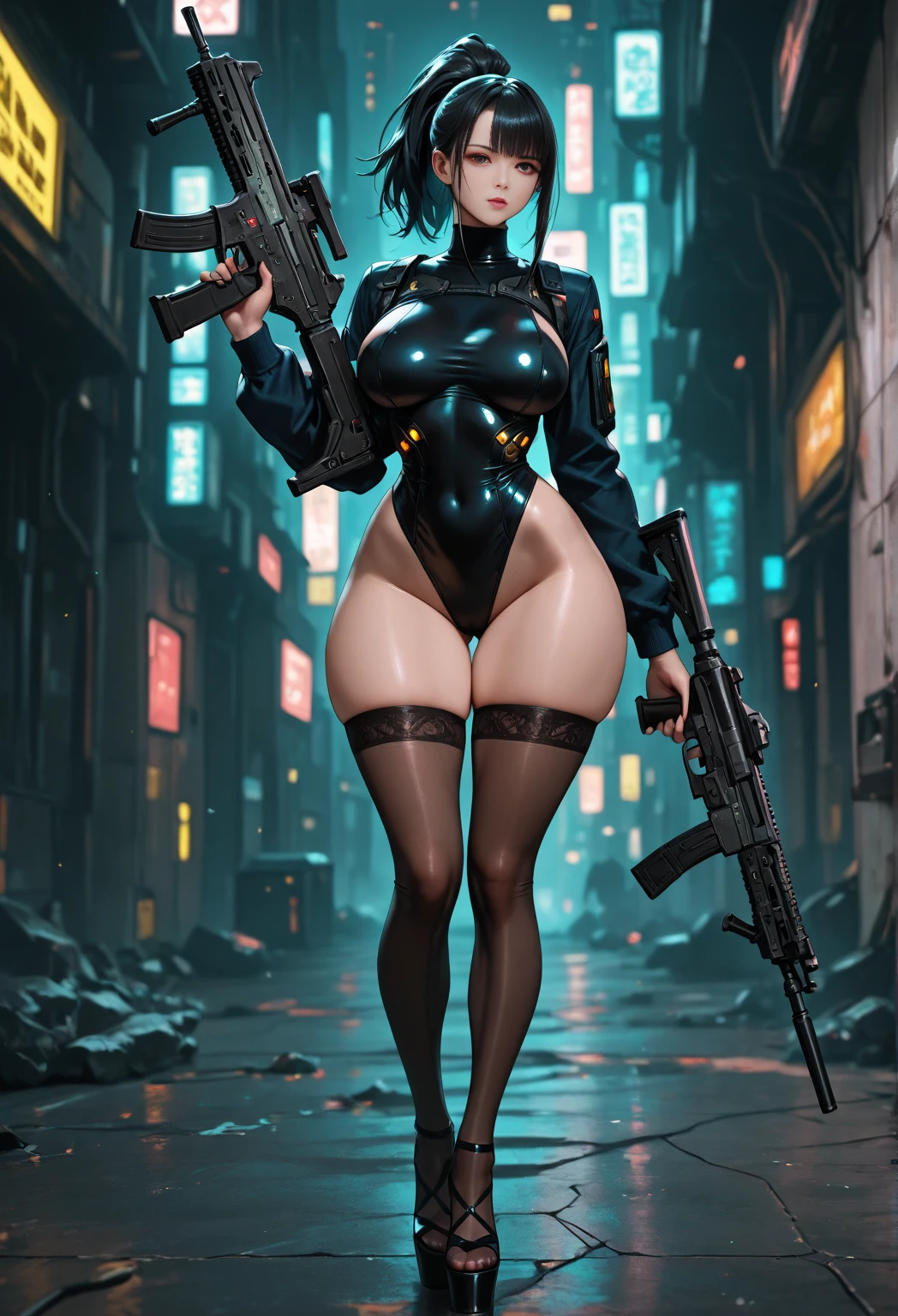 thick hips, thick thighs, platform heels, mini bikini, huge breast, thin waist, bob cut hair, weapon, tanned skin, gun, moan, open mouth, thick body, fitness, stockings, beret, military, shoulderless, sleveless, Cyberpunk,