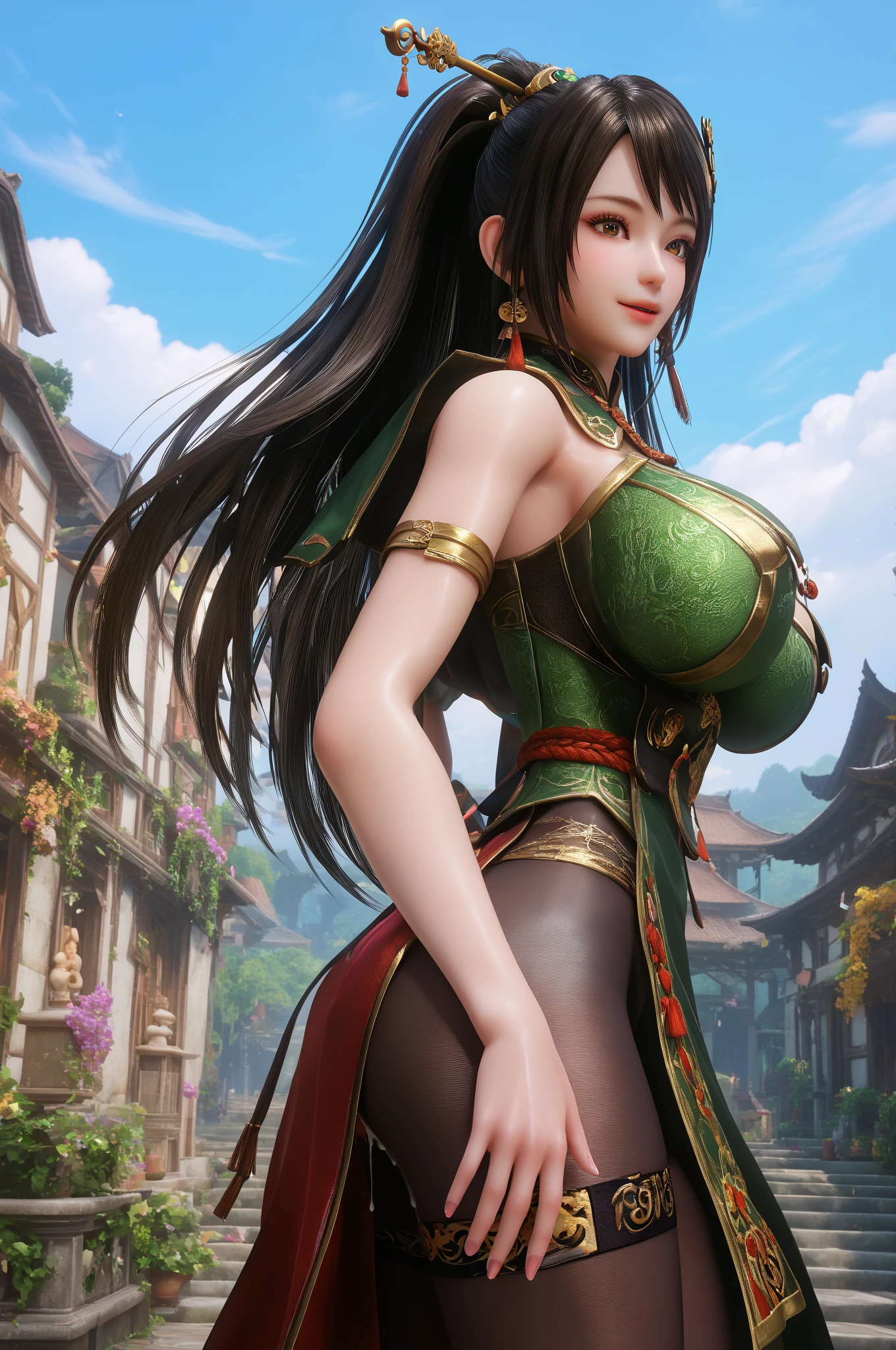 Highly detailed CG unit 8k wallpaper, masterpiece, High resolution, highest quality, highest quality real texture skin, Super Real, Digital Painting, Best image quality, 最High resolution, 8k, ((Highly detailed eyes and face)), 1girl, Beautiful eyes every detail, Full Body Shot, profile, chinese style embroidery, dress, Shogun, Military commander, general, armor, ((disproportionate breasts, huge breasts, sagging breasts, Cleavage, gigantic breasts, Saggy breasts, Gravity-dependent breasts, long chest, Heavy chest, erect nipple)), lewd, Prostitute, smile, (tanned skin, light brown hair, ), light green, deep green, ((spear on hand)),