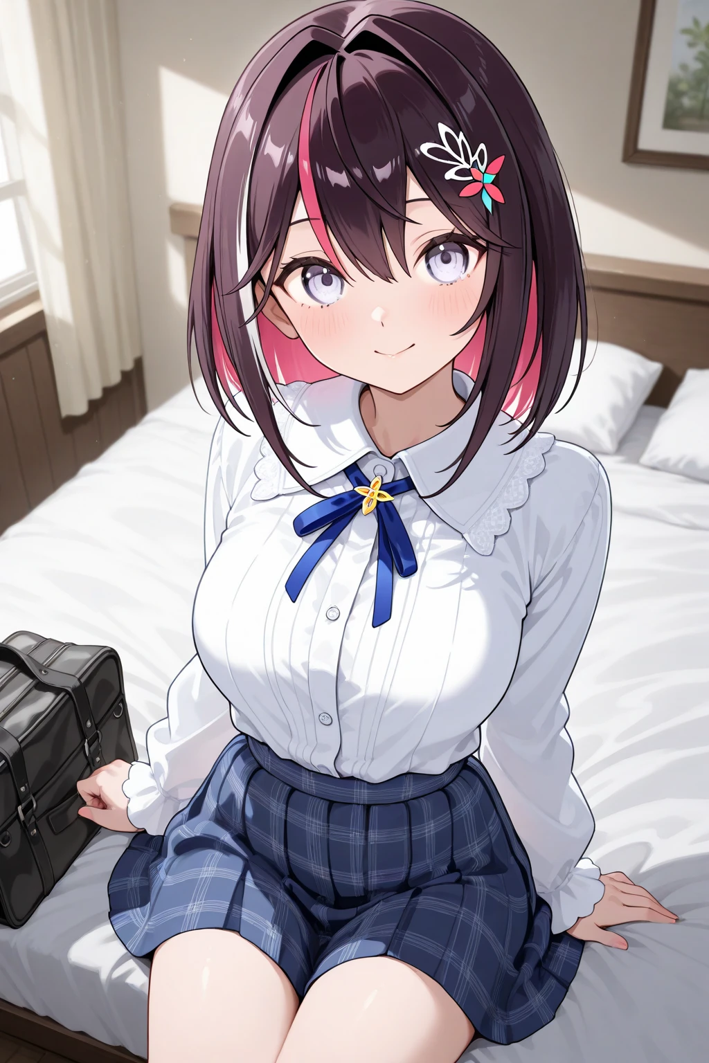 Highest quality, masterpiece, High resolution,((Perfect hands, Perfect Legs, Perfect Anatomy)), (indoor, office, living room), Pull up the dress,Revealing clothing,Uma Musume,Nishino Flower,short hair,Red headband,Beautiful purple eyes,Purple and yellow dress,ribbon,,,Curvaceous,garden,smile with open mouth,blush,Embarrassed face,Small breasts,smile,Skirt Lift, ,((panties))