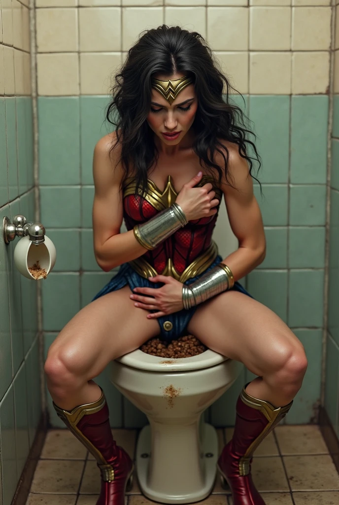 Wonder Woman with skirt sitting tied and chained on dirty bath up with moss on the wall, Wonder Woman as a slave , (handcuff:1.2),wide spread leg, restraint, NSFW, small breast, wet body, hopeless, (wet body:1.2), shower, (milk on floor:1.1)