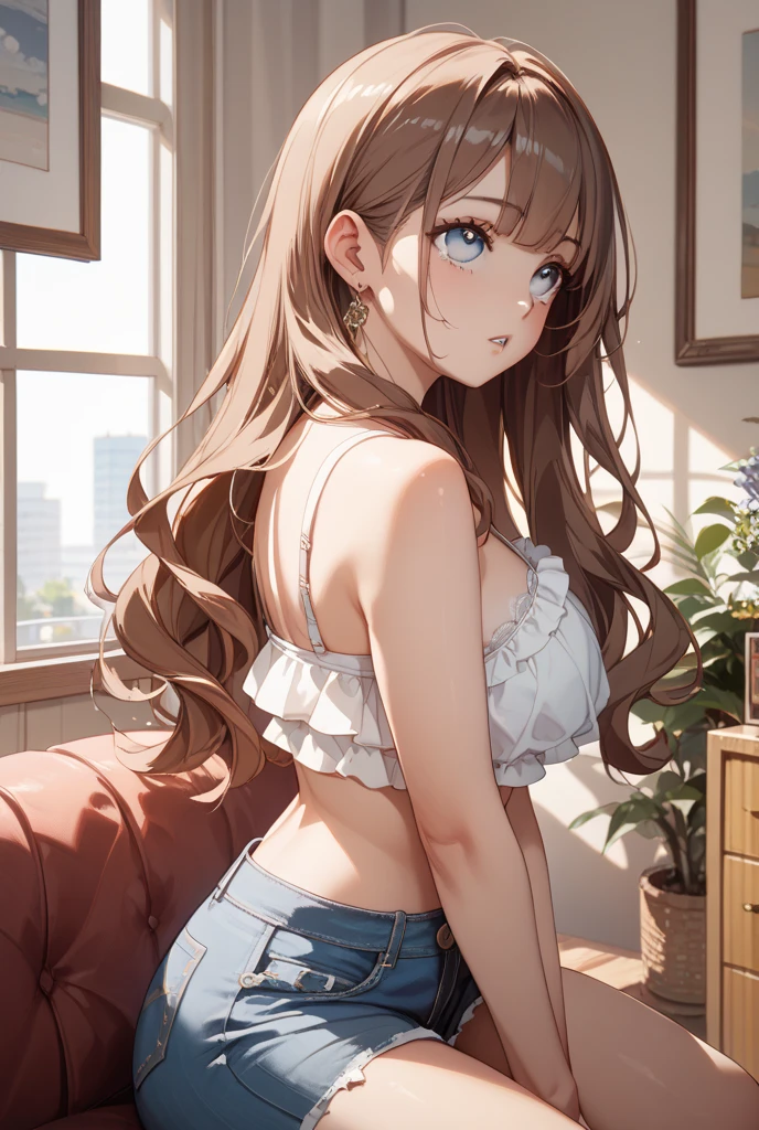 masutepiece,Best Quality,High resolution,Fine details,独奏,Adult Woman,blush,Curve,((Delicate white underwear)),(On a luxury hotel bed),sexy hips、Long Wave Hair、dark brown hair、Stretch the hem of the buttocks with a slouch、Mid-chest、blue eyeasterpiece、Highest quality, High resolution, uhd, Pixel perfect, Depth of written boundary, 4K, RTX, HDR)), 1 Girl, single, alone, 24-years-old, Beautiful Anime Girls, Beautiful art style, anime character, ((Parted bangs, Brown Hair)), (blue eyes、Round eyes, Beautiful eyelashes, Realistic eyes), (Detailed face:1.2), (Smooth texture:0.75, Realistic texture:0.65, Realistic:1.2, Cinematic, Anime CG Style), Perfect body, Best Bust、Bust 85、Perfect Body、nsfw:1.8,Visible from the thighs、Night Background、Beautiful white panties、Bamboo、wind chimes、Put your hands on the window、milky way、Seen from behind、Bra shoulder straps