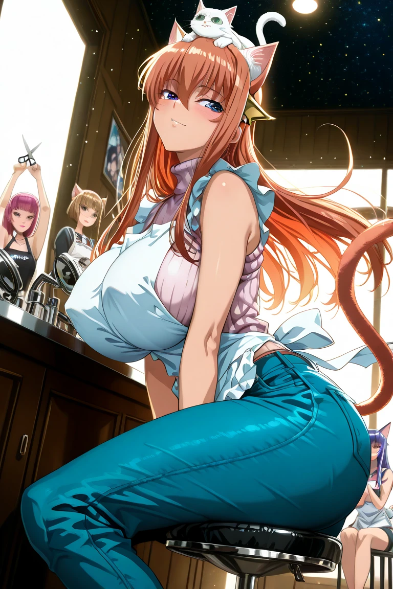 NSFW,((((long teat)))),(((((Vulgarity))))),(((drooping chest))),(((huge-breasted))),gleaming skin,{{{Best Quality}}}, {{Ultra-detailed}}, {Illustration},((One girl)),Sumika Kagami,School uniform,Red hair, Ahoge,Red Eyes, Hair intake,Yellow bow,(Two arms),(Two legs)