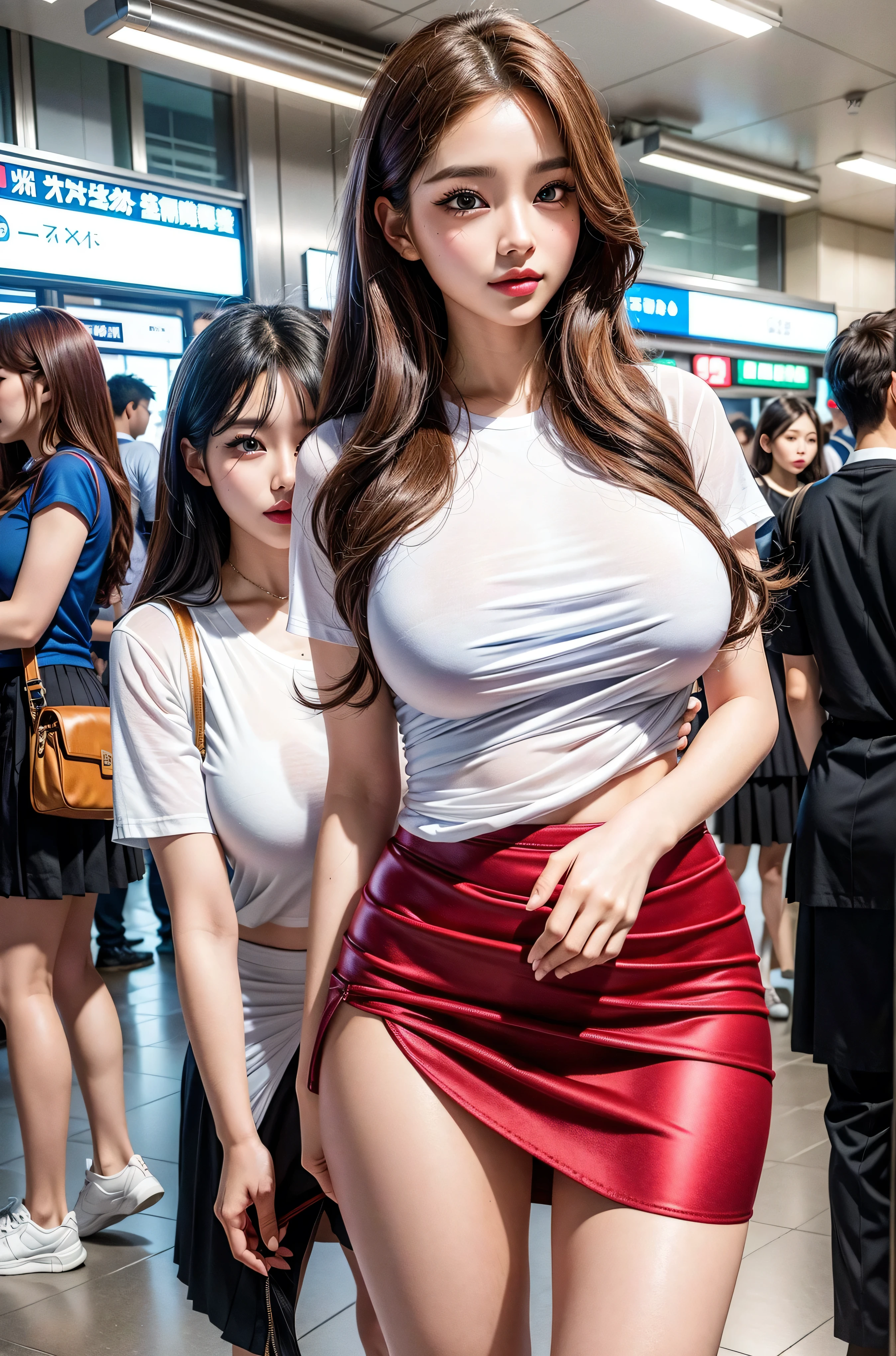 the Extremely Detailed CG Unity 8K Wallpapers、top-quality、ultra-detailliert、​masterpiece、realisitic、Photo Real、extremely detailed cute girl、30-years old、((skirt lift by yourself)))、(Lifted by yourself)、panties on、panties focus、red blush、cparted lips、looking at the viewers、Half body shot、(crowd)、(Crowded shopping malls)、huge tit