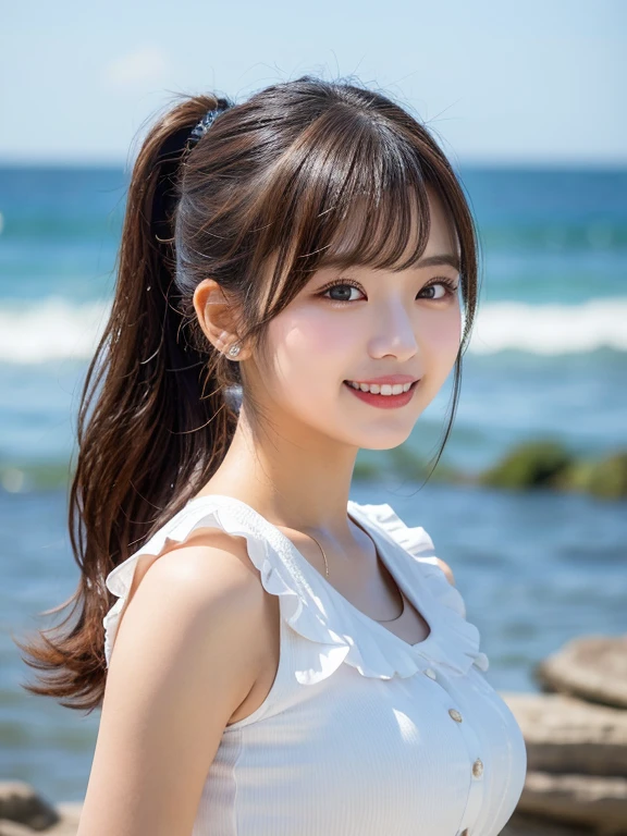 Produce the highest quality and highest resolution 8K images。The model is a 20-year-old Japanese woman.。Please draw a woman in the image.。She has brown eyes and a model figure.、She has an idol-level cute face.。The hair is in a ponytail。Skin has a healthy color。Clothes、６Dressed for the month。She is smiling and posing for the camera。Please draw an image of a beach in the background.。