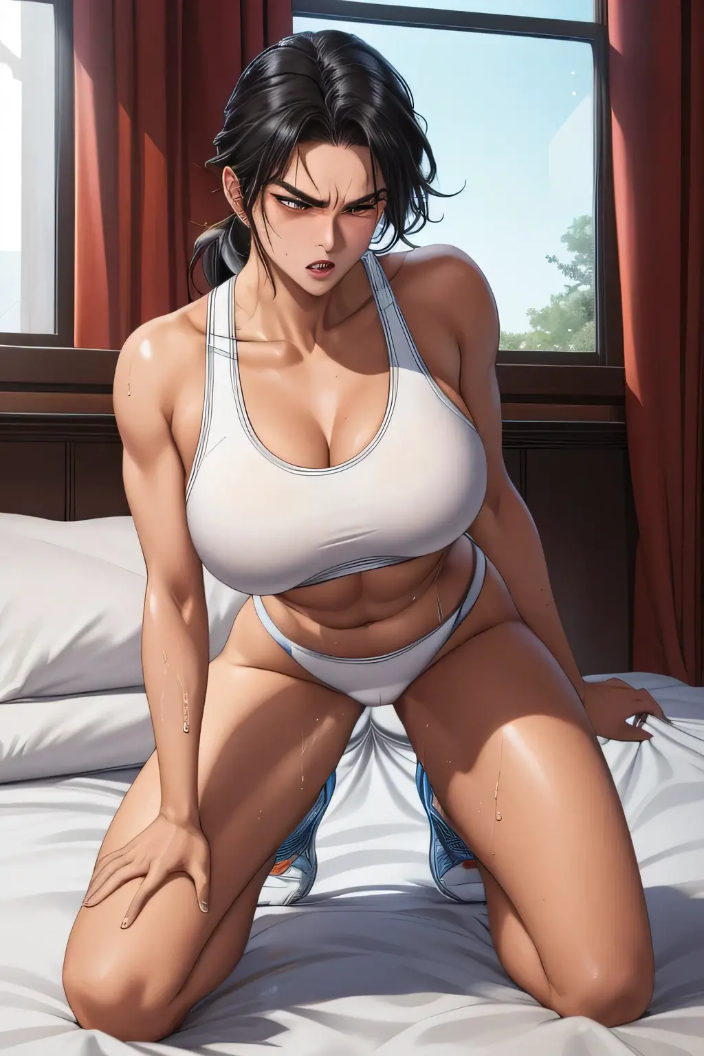 low angle shot,looking up from below,Emphasis on the crotch。Disdainful eyes and angry expressions (a female athlete,Wearing white lace lingerie,Kneel on the bed,Fluid leaks from vaginal crevices)。