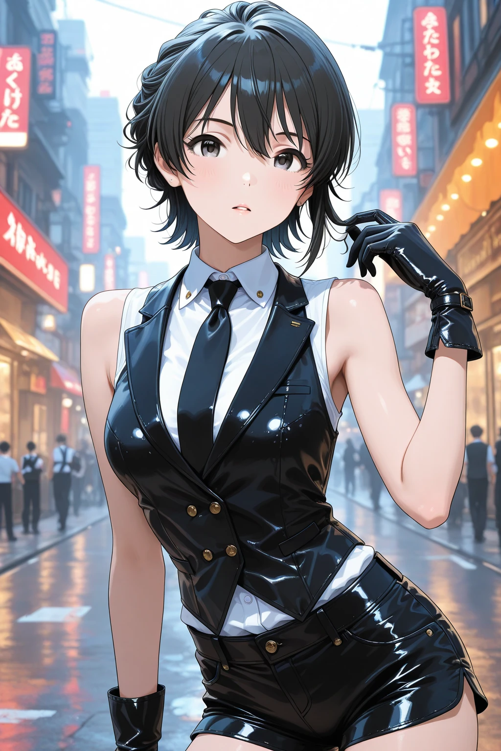 1 girl, sexy, wearing black suit, black pants, wearing black fedora hat, short straight black hair, half body, looking at the viewer.