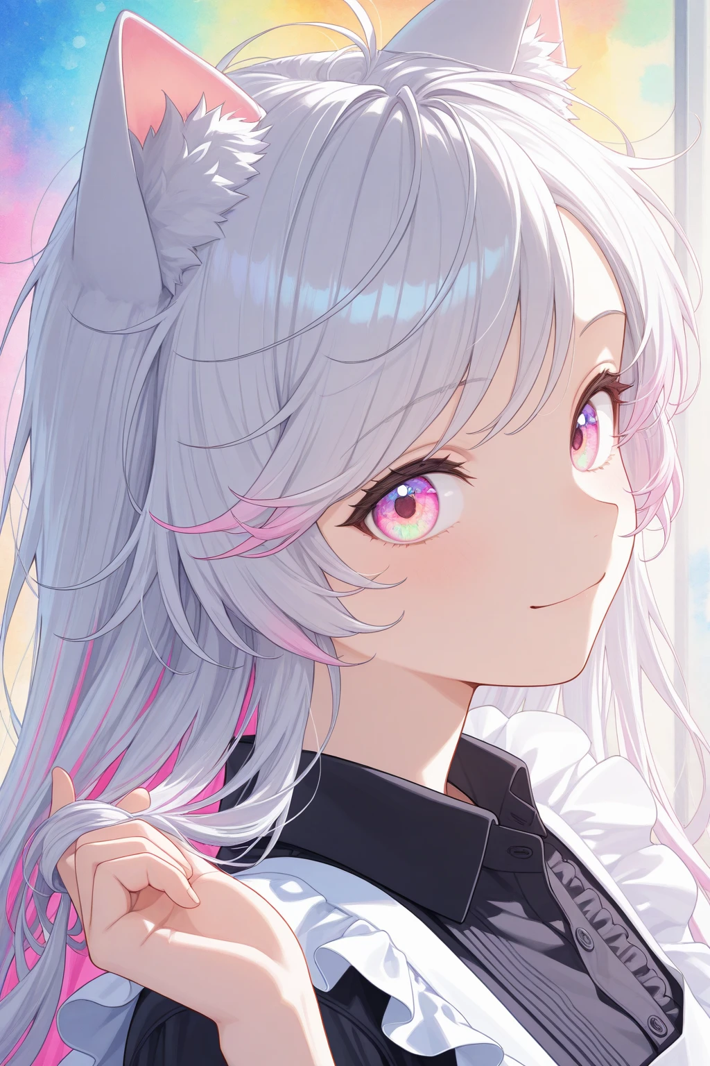 Highly detailed face,fine grain,Sparkling eyes,Highlighted eyes,Medium ,pretty girl, Longing eyes,Cat ear, Beautiful silver hair,Pink inside,Beautiful pink eyes,Oversized shirt,skirt,Cafe
