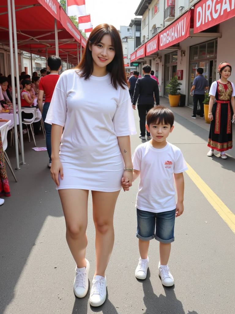Happy family, women huge breasts, big booty, full body, sexy pose, kebaya hot, child happy,perfect fice, medium mini dress, walk mall, erection nipple, huge nipple, standing in busway full human