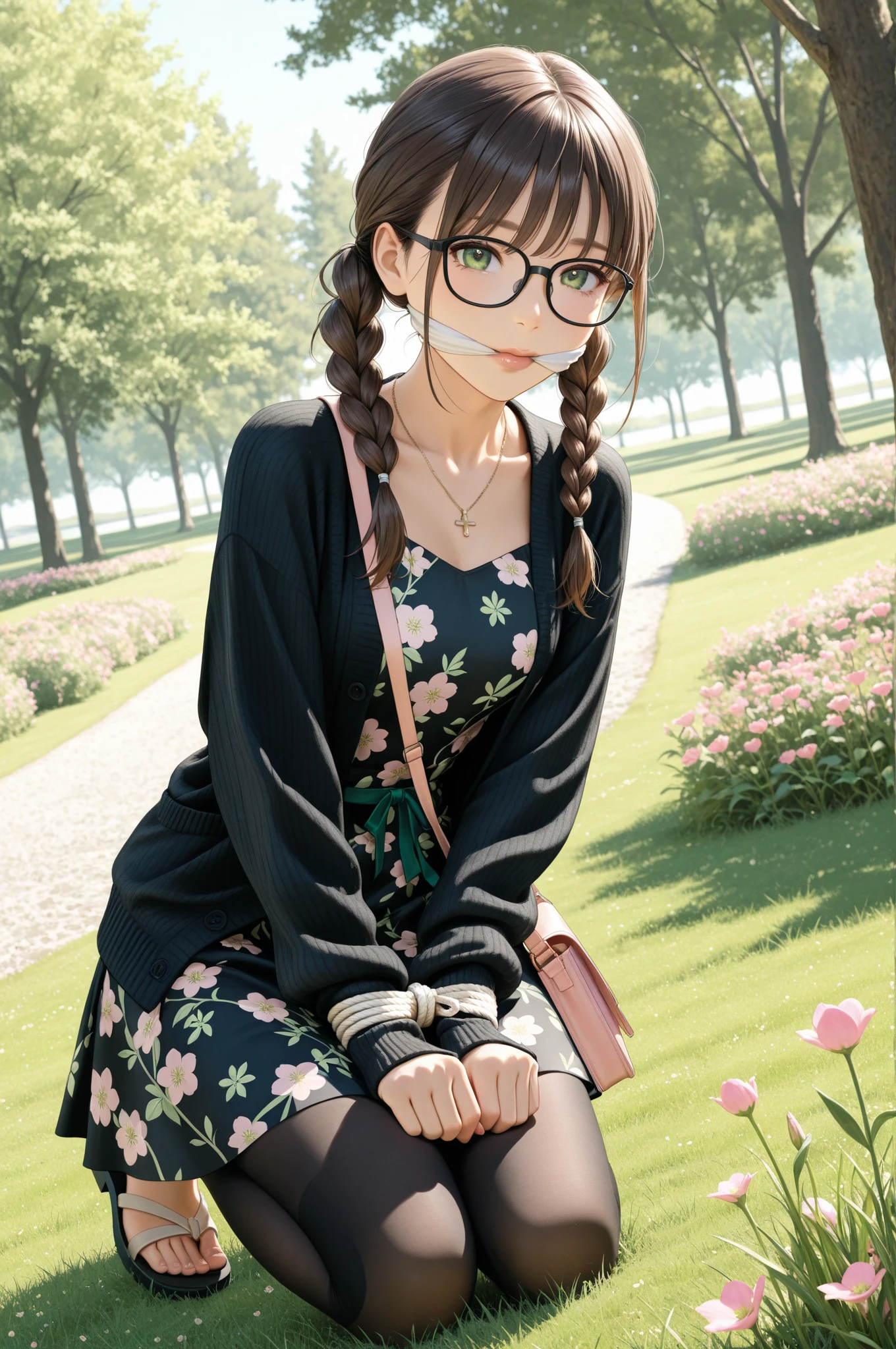 sitting, wariza, from above, spring clothes, light green floral print dress, pumps, Lots of colorful tulips, flower fields, warm atmosphere, rays of light from trees, backlit, profile
upper body, twinkle smile, 1girl, solo, 16years old, detailed beautiful face and eyes, brown eyes, (flat breasts:1.3), (very short hair:1.2), (bangs:1.2), (brown pink hair:1.2), hair fluttering, (well-proportioned body:1.2), (dynamic angle:1.3)
(masterpiece:1.2) , (best quality:1.2) , (ultra-detailed:1.2), more prism, vibrant color, ,hair over eyes, hair over one eye,a close up of image of girl with glasses and gold hair and long neck, 1girl, solo, long hair, tinted eyewear, round eyewear, sunglasses, jewelry, hair, bangs,Niji XL