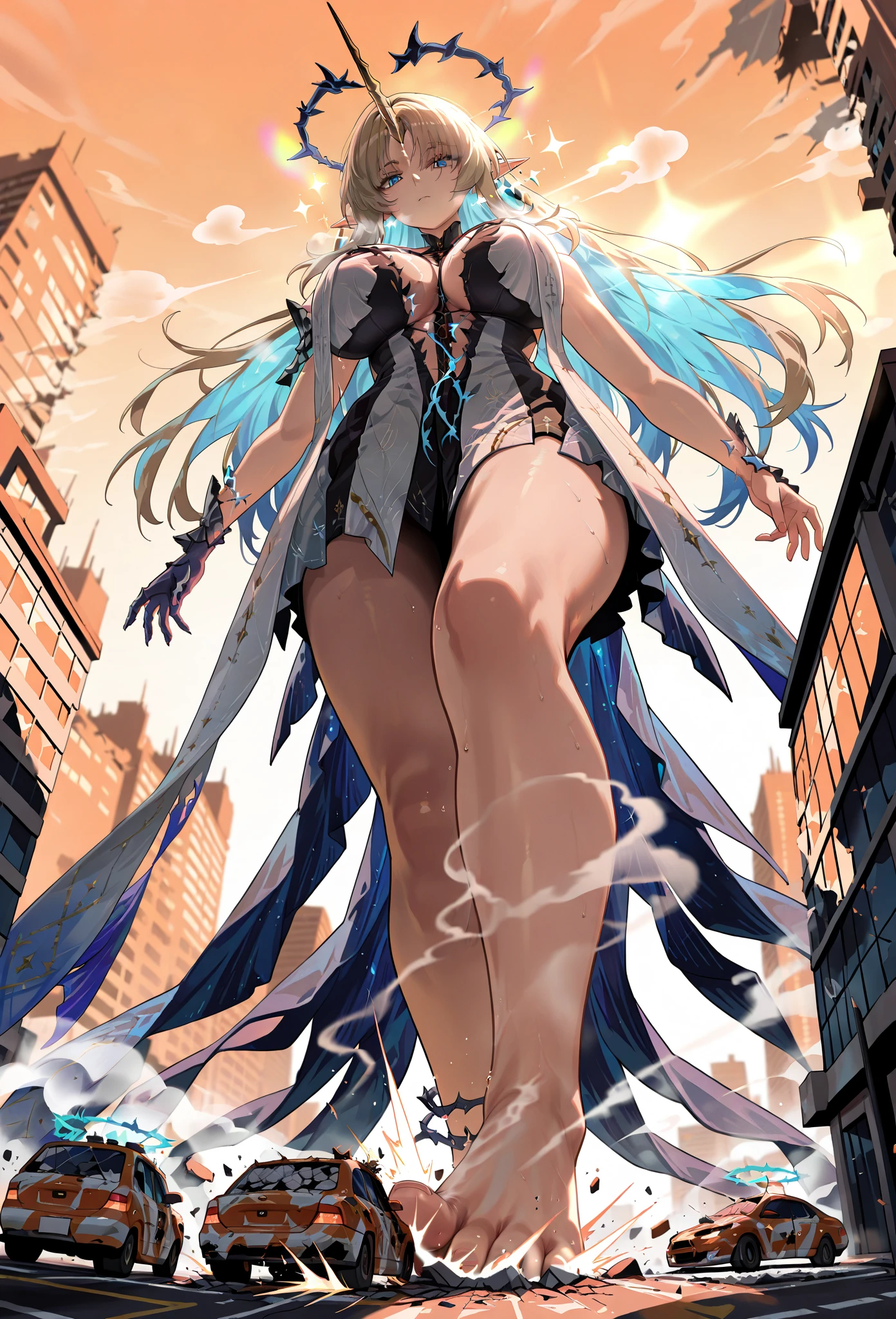 Giantess, long sexy legs, yellow hair, bikini,lying on top of destroyed buildings, city at her feet burns in flames for the destruction she has caused, tiny people climb on her body to try to defeat her uselessly. Giantess, goddess, macrophilia, curvaceous body, hentai, fetish, sexy legs, bikini, high heels, high quality, tiny people, people climbing body, giantess body, small people