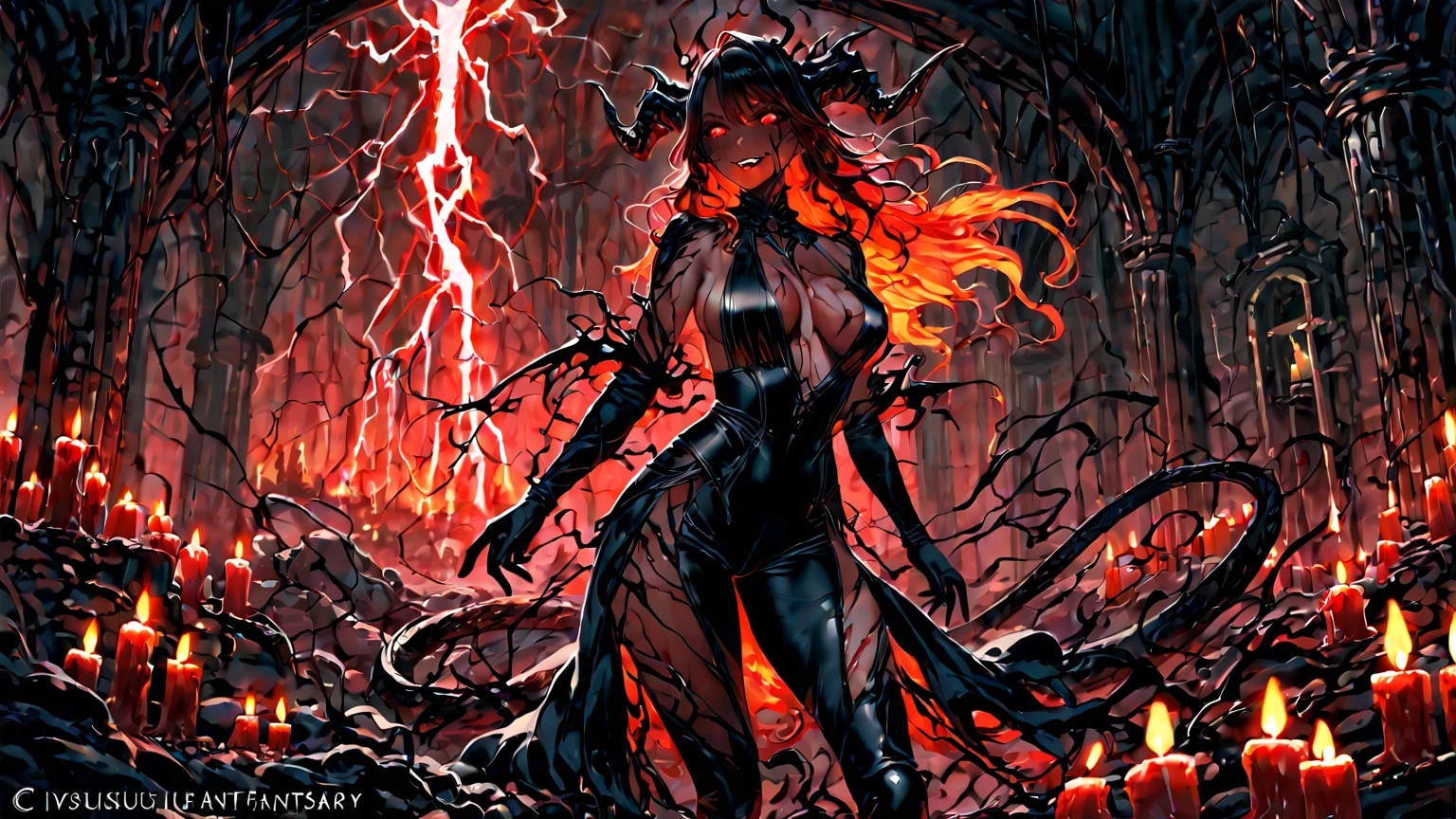a beautiful detailed kitsune woman with long white fox ears and tails, glowing yellow eyes, highly detailed mature and curvy figure, large breasts, holding a towel, ruling over a lake with a huge red blood moon reflecting in the water, surrounded by a burning forest full of charred corpses, terrifying smile with glowing yellow eyes, body covered in dark sinister stains, (best colors,extreme detail description,professional,horror,fantasy, lake of blood