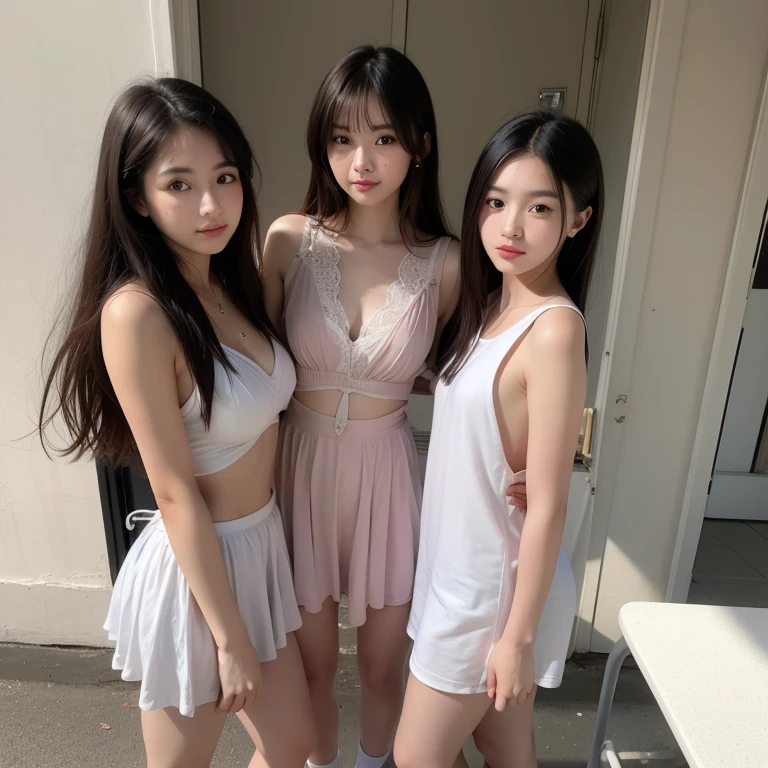 Indonesian girl 17-year-old  Hairstyle Casual, F Cup Breasts  wearing  crewneck dress  and selfie with her friend at class 