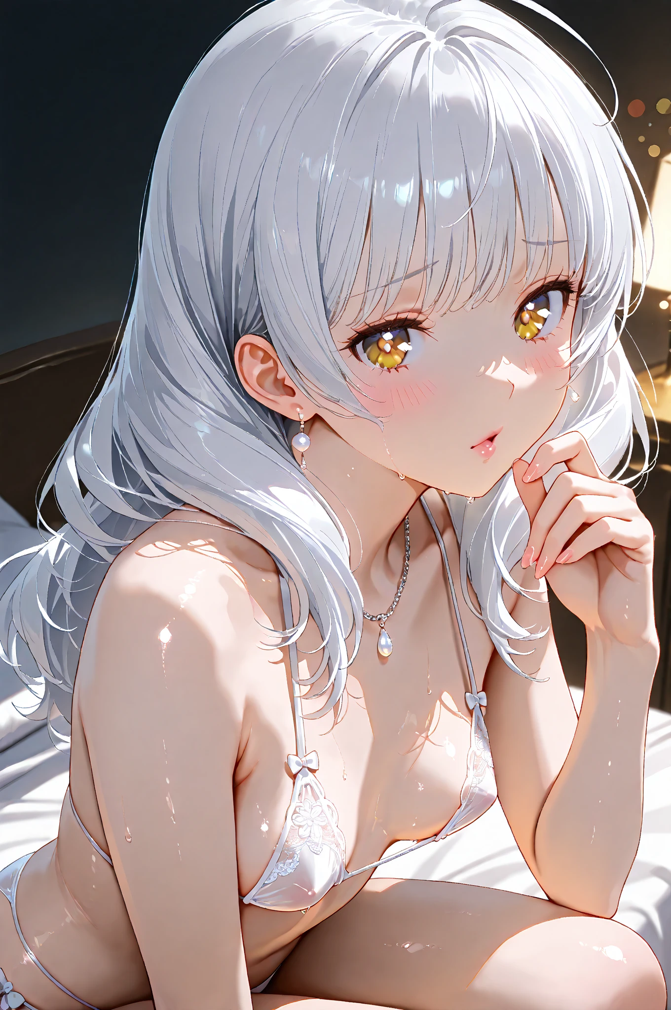 One girl、A little sexy、Blonde、Red sparkling eyes、detailed cute eyes,(glowing eyes:1.4),smile broadly,((Droopy eyeole on left cheek,Medium Curl Hair、Dog ears、Lying down、Golden Room、pearls choker,sensual pose,