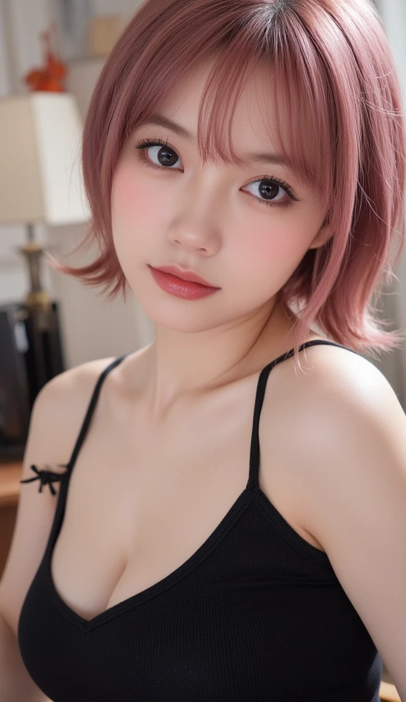 Pieces fly, highest quality, figure, Very detailed, Fine details, High resolution, 8k,wallpaper, Perfect dynamic composition, Beautiful fine details, Black camisole,Short Bob Hair、Pink Hair Color,Big Natural Color Lip, Bold sexy pose,smile、Harajuku Style、20-year-old girl、Cute type、On the bed、Urban Background、Wink