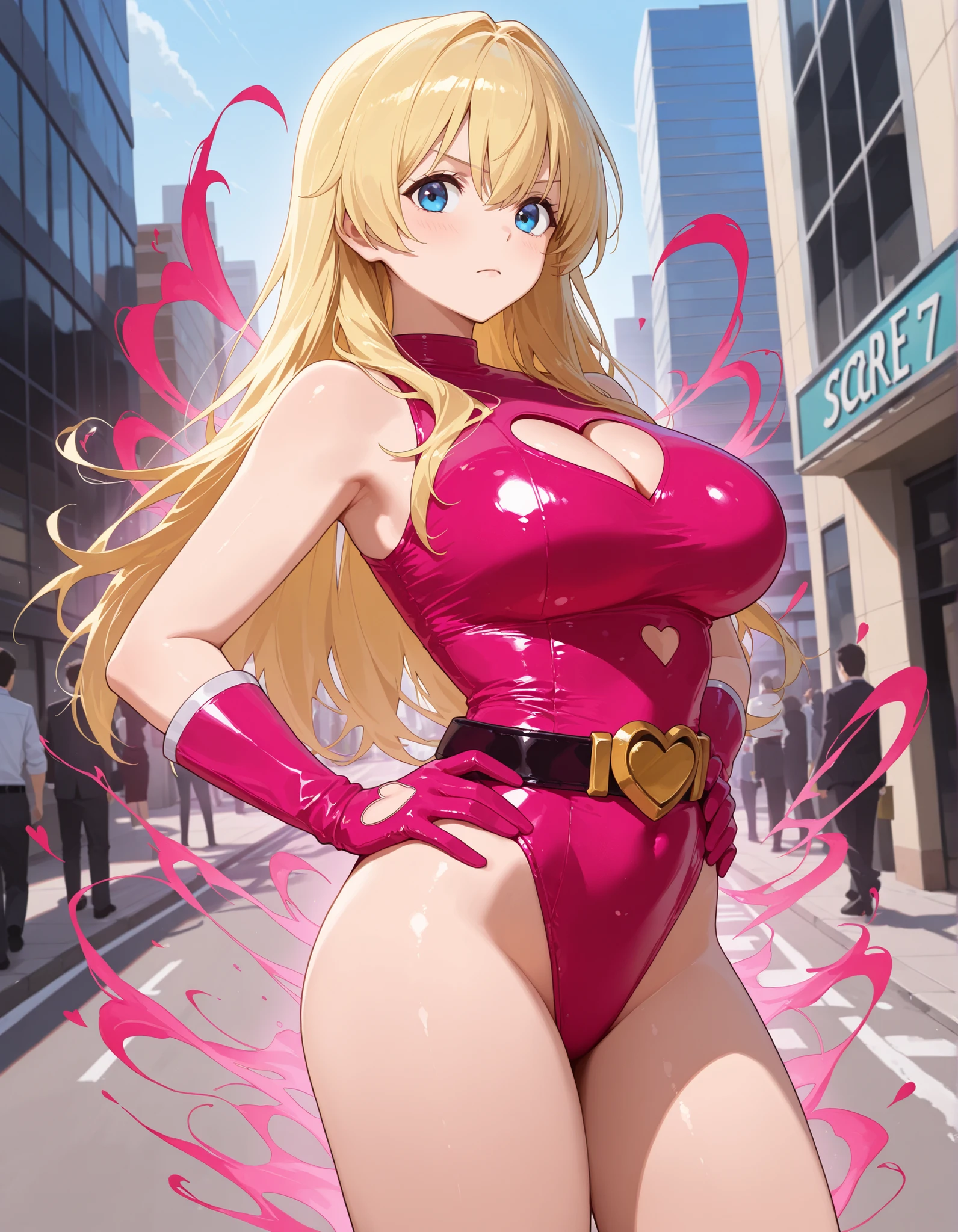 masterpiece, best quality, (1 girl), solo, nice hips, medium breasts, slutty grin, young girl, wide hips, street, nighttime, detailed eyes, elegant girl, blonde, elegant hair, open mouth, wearing a slutty bodycon, ponytail, slutty, choker, slut-earrings, cameltoe, long hair, hair over one eye, thong,