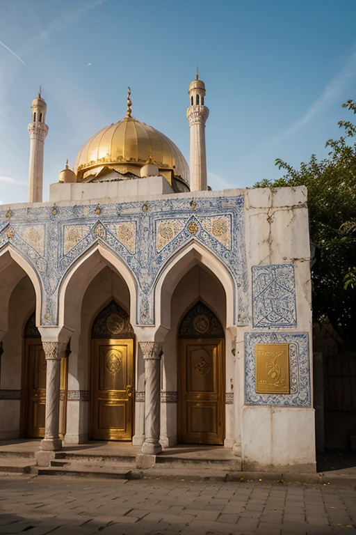 "A design of an ancient city inspired by the architecture of Samarkand, featuring grand blue domes, intricate mosaics, tall minarets, and historic buildings with traditional Islamic patterns. The city layout includes narrow winding streets, large central courtyards, and a bazaar filled with colorful market stalls. The background showcases a majestic skyline with a blend of Persian and Central Asian architectural elements."