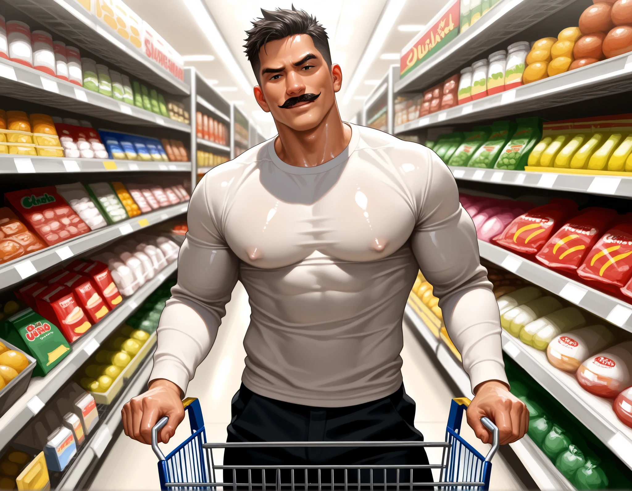 chubby old man in super market, old man, thick arm, huge arm, bearded. white hair and beard, bearded, muscular, pectoral, wide pectoral, realistic, 8k, masterpiece, (wearing shorts and shirtless:1.3, topless, shoes)