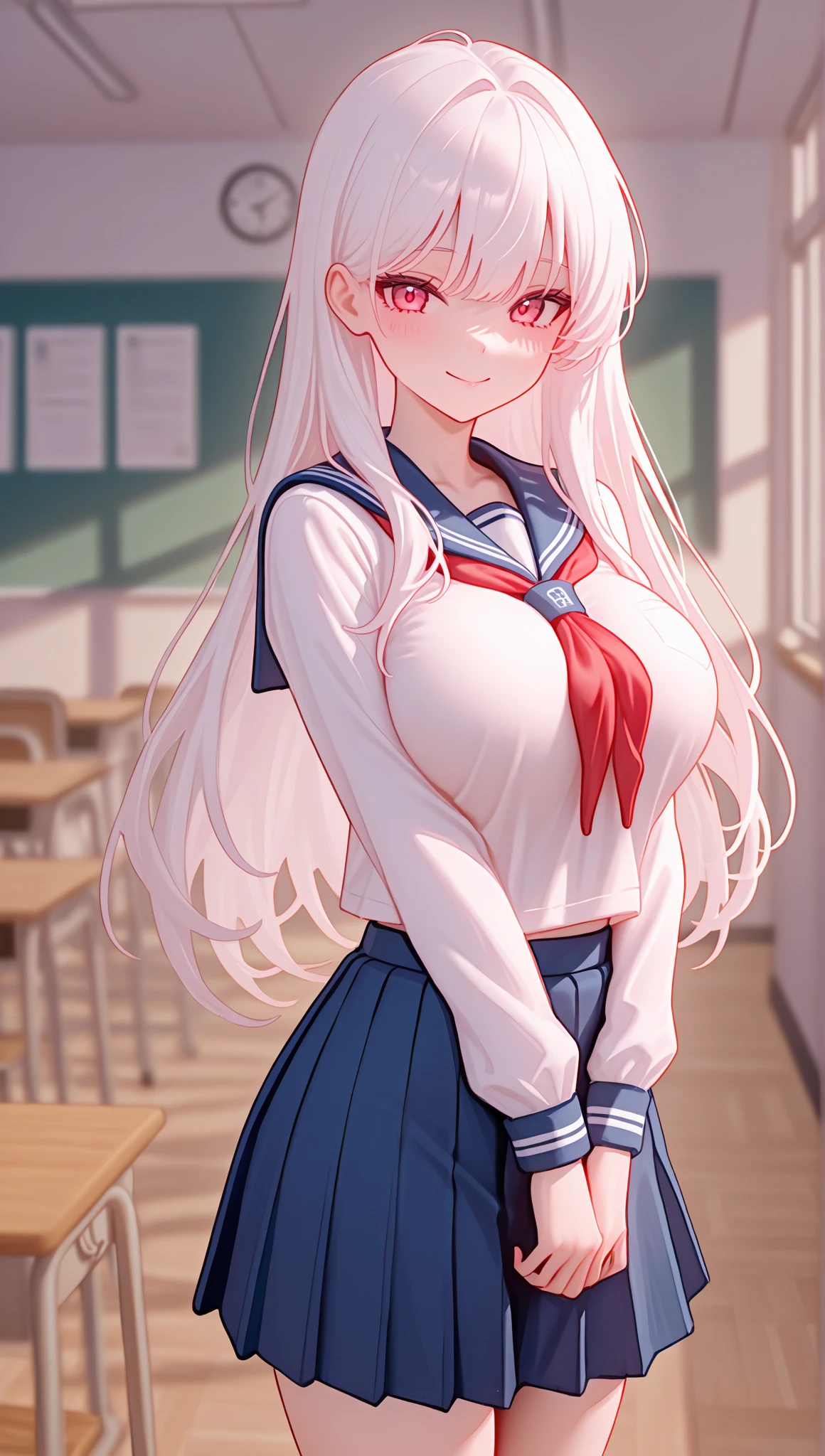 (masterpiece, best quality, ultra-detailed, high resolution, detailed eyes), takeda hiromitsu style, 1 girl(17 years old), (school uniform, short sleeve shirt), blonde long hair, tanned skin, large breasts,