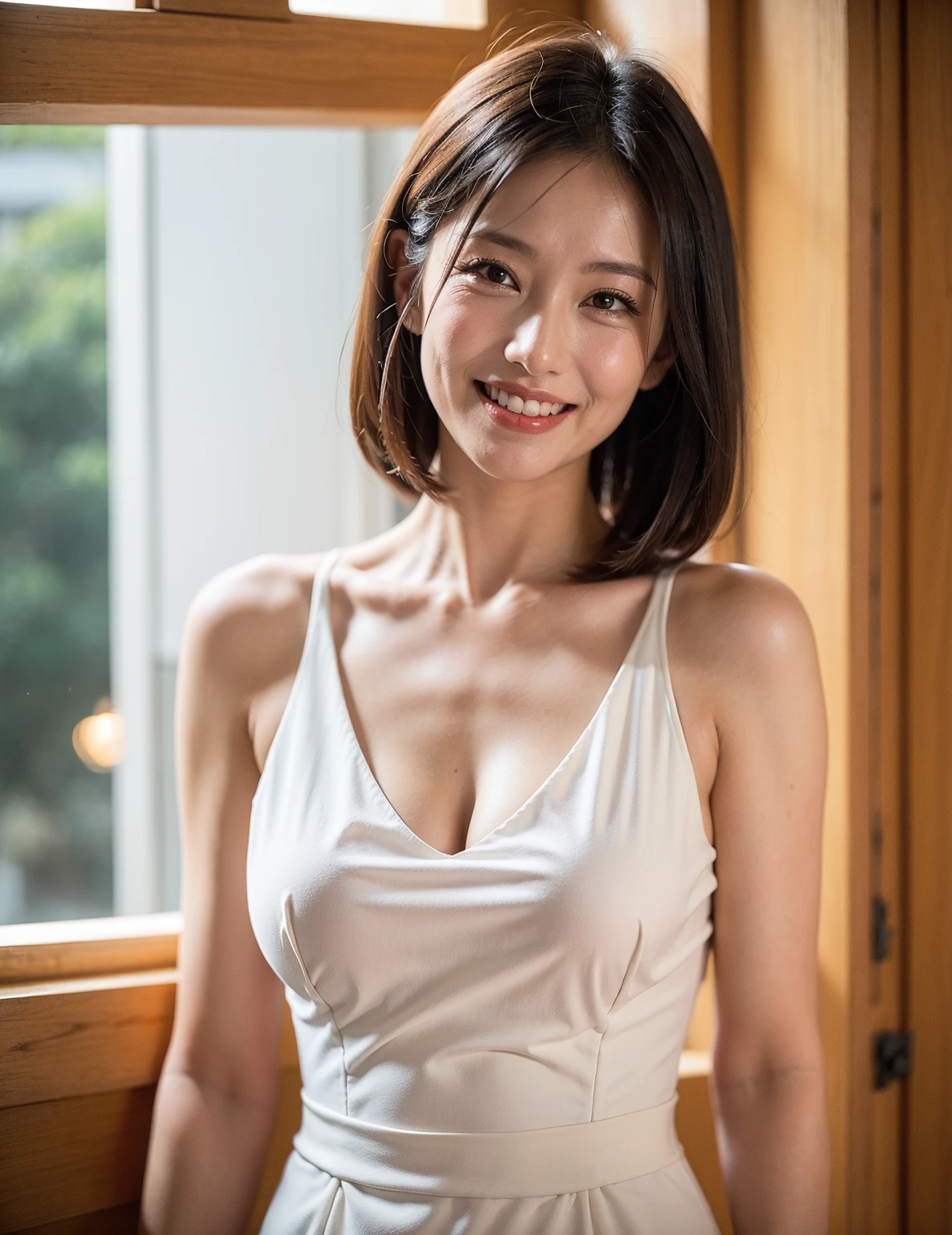 ((8K:1.27)、top-quality、​masterpiece、超A high resolution:1.2)Photo Beautiful Japan woman(pleasing:1.1) (The shirt:1.21) Elegance、There is a good、Gradient lighting、1girl in、Delicate skin、Look here、Brown-eyed、(short hair with bangs:1.2)、(breasts are large:1.0)、(medium areola:0.8)、(realisitic:1.4)、(top-quality:1.0)、(超A high resolution:1.0)、8K、Raw photography、(​masterpiece:0.2)、(pureerosface_v1:0.5)、Mini length dress、white  clothes、Bare、no-bra、Sleeveless、a necklace、Kamimei、date、excited expressions、Red cheeks、want me、Staring at this、subject、Lean、Look here、cafes、sit a chair、Laugh、Futomo、sandal、Beautiful thighs、Kinda chubby、Beautiful thighs、barechested、Open both legs、pantiy、Opening legs、Put it on the table、Big bust on the table、bending forward、very big boobs、I can see the white panties、