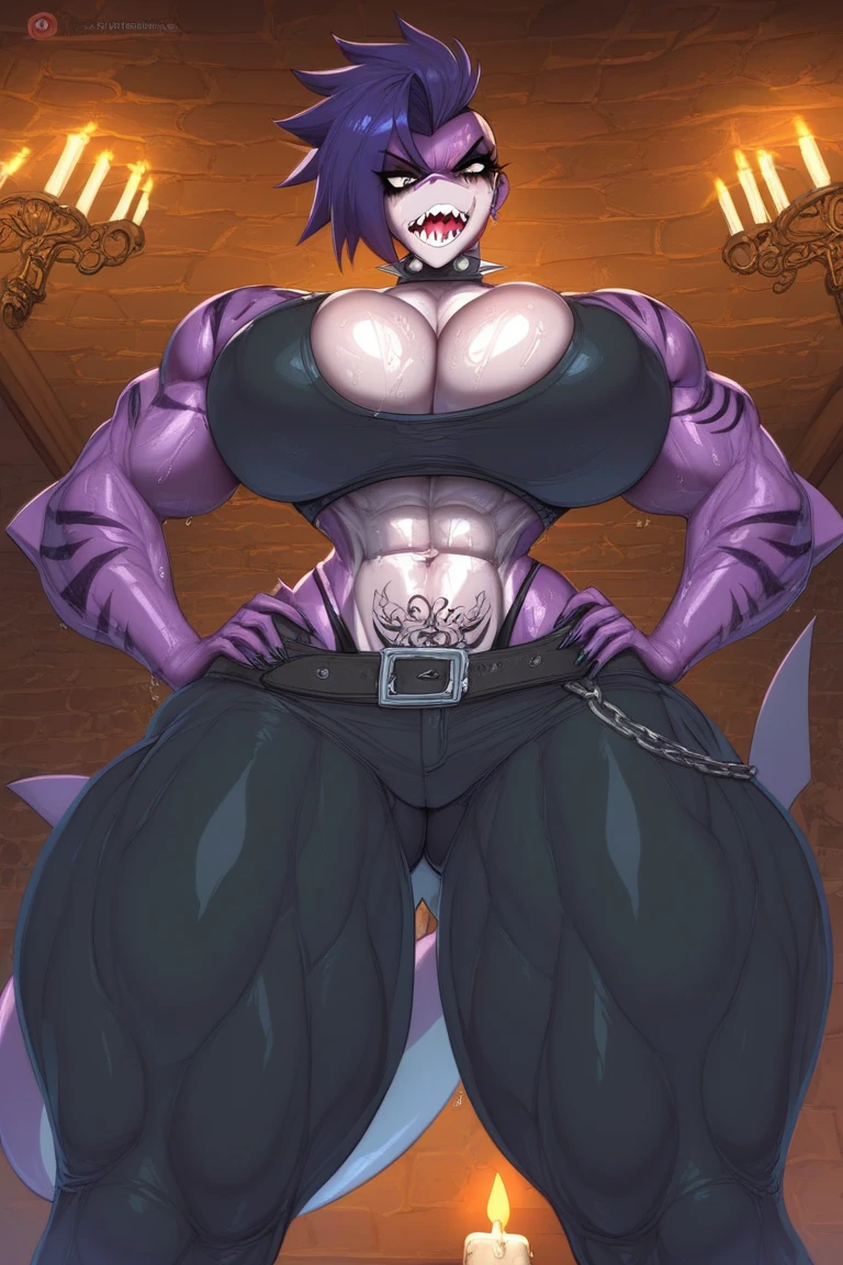 By bebebebebe, by lostgoose, by goonie-san, female, ((reptile snout, hair covering eyes, straight hair, long hair, flat hair, thin snout)), snake anthro, huge breasts, tall, muscular, abs,black micro bikini, blackjacket, ragged jeans, exposed chest, smiling, menacing smile,fangs,back alley, dim ligth, scars on abs,pink scales, nigth, close to viewer, chain necklace, bigger jacket,baggy jacket,hands in jacket pockets, Masterpiece,hi res, absurdres, Best Quality, 4K,detailed 