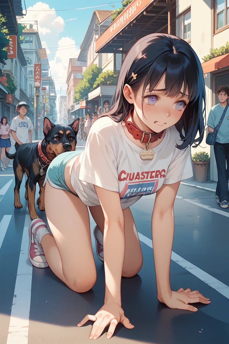 naked woman with small breasts on the street, big thighs, embarrassed, crying, sweating blushing, hairy, on hands and knees with collar and leash, crawling on the ground, one eye closed, being walked by a man, cum coming out of mouth