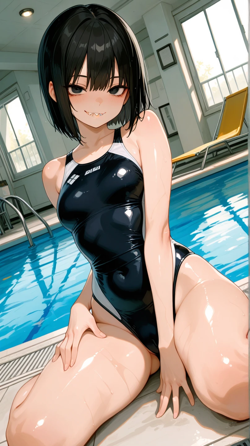 camel toe:1.4, (flat chest:1.2), ((Erect nipples:1.3)), Sweat, (((long gloves:1.3))), brown loafers, black calf length socks, Open your thighs wide to the left and right, squat on the ground, show off your crotch to the viewer, ((Latex high-necked competitive use Swimsuit:1.3)), sit, spread your legs:1.3, (((arm behind head:1.3))), 12 years old, absurdists, low twintails, flat lighting, elevation angle, sexy pose, highest quality, Complex, surreal, perspective, very detailed, detailed background, shape, 1 girl, alone, small breasts, light smile, embarrassing, blush, (((Pool side))), (Sweat),