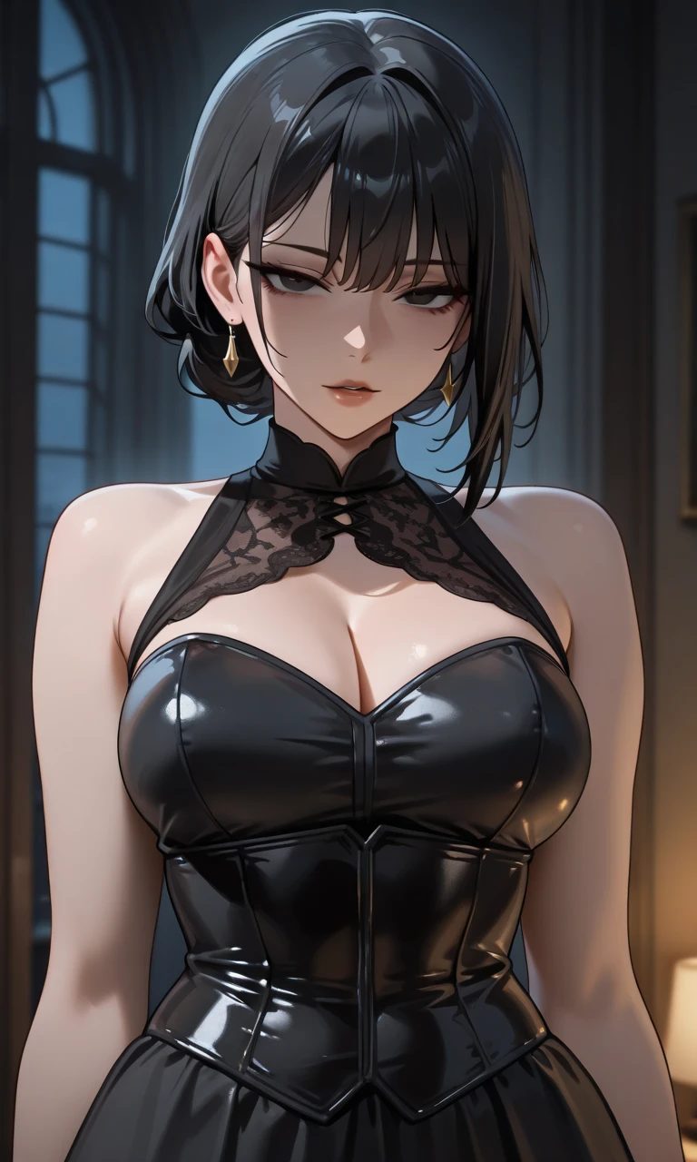 alone, woman, Captivating smile, Gold Jewelry, Short pixie cut black hair, Deep dark blue eyes, Toned and curvaceous, Height: 170cm, A black gown that accentuates her charm, Sharp features, Large firm breasts, Hotel, elegant, thin, 