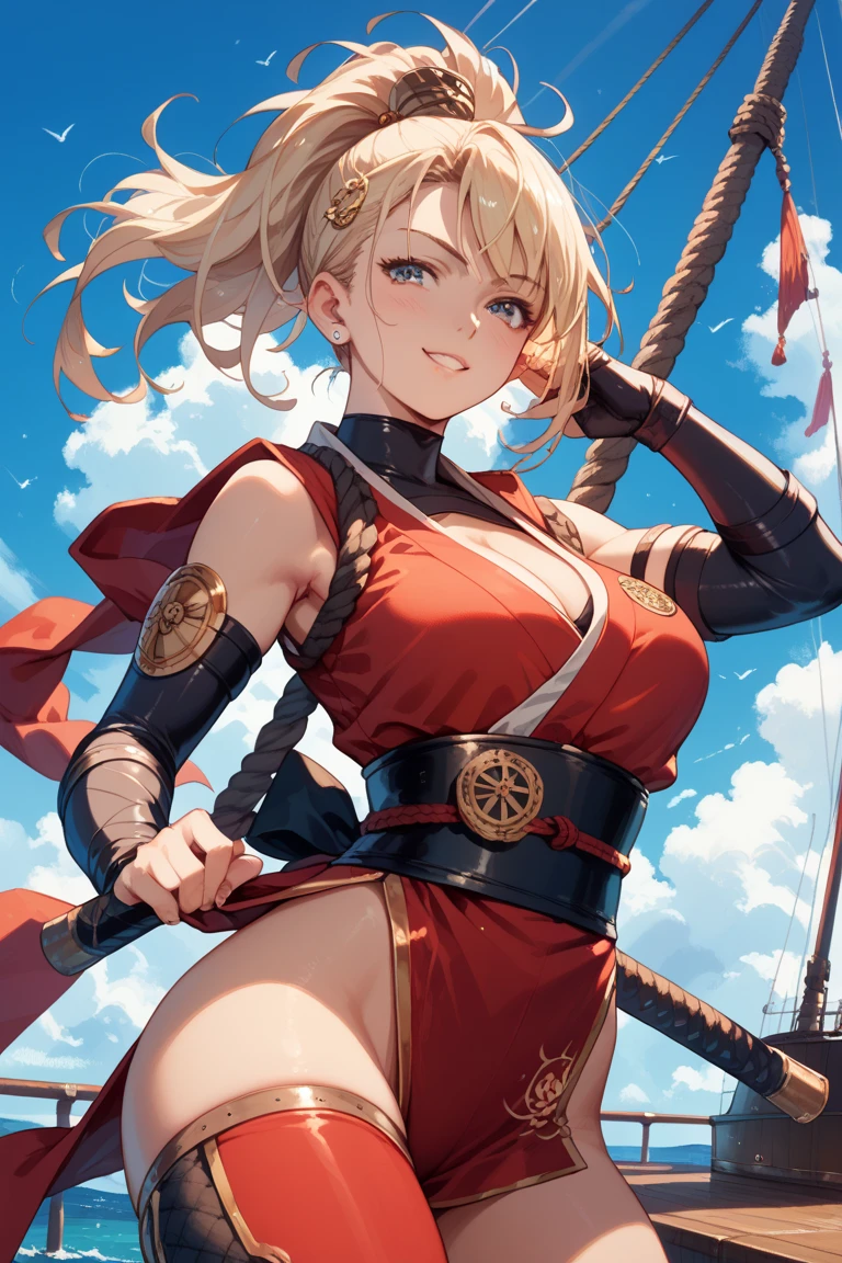 young girl, longue blonde hair, Hairpin with a bundle, turquoise eyes, Yakuza tattoos, red tight uniform, Sleeveless, Wide neckline on the chest to the abdomen, Gold Elements, Red gold armor, Shorts, claws, smirk, Masterpiece, hiquality, 4k, HD, Good detail