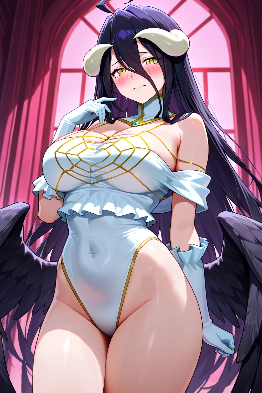 Black hair, blue eyes, large breast, sexy, beautiful body, bed, Masterpiece, angel, wings, smile
