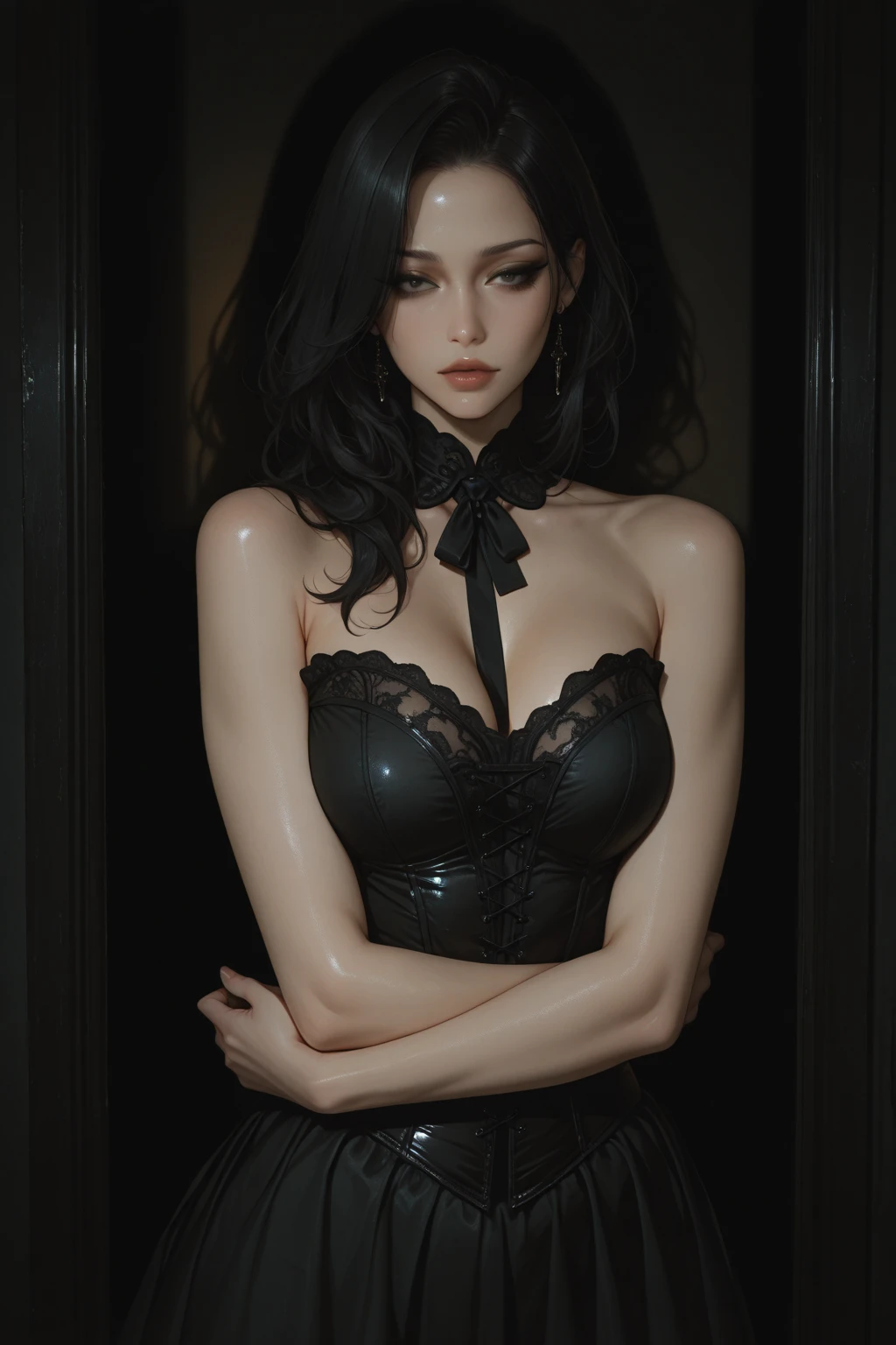 1 GIRL, solo,a beautiful milf with huge breasts, wearing round glasses, sitting on a table in a library, wearing tight black latex stockings that dig into her juicy thighs, wearing a choker collar that strongly compresses her neck, her tongue sticking out and eyes rolled up, (best quality,4k,8k,highres,masterpiece:1.2),ultra-detailed,(realistic,photorealistic,photo-realistic:1.37),detailed eyes,detailed lips,extremely detailed face,long eyelashes,elegant mature woman,seductive pose,intense expression,chiaroscuro lighting,moody atmosphere,dramatic shadows,rich colors,cinematic,portrait
