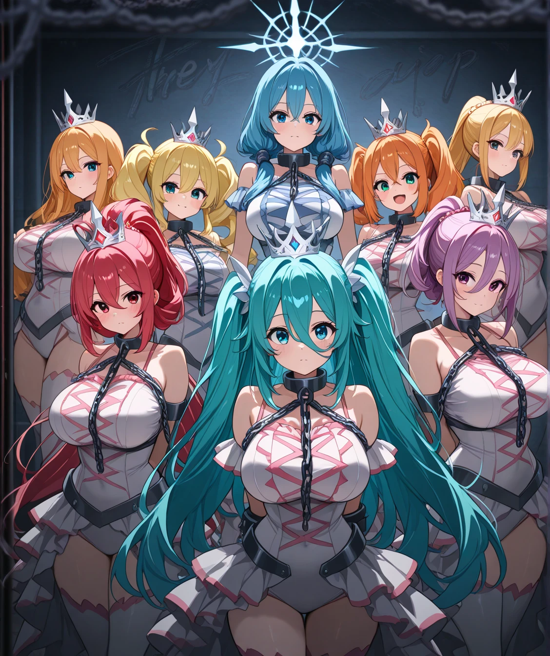 Masterpiece, 4girls, each dressed as a maid. The maids are wearing identical uniforms, beauty and cute, high detailed, dinamic lighting, vivid colours, ultra large saggy breasts, massive cleavage exposed, A giant spacecraft navigating interstellar space, Sophisticated design, huge geometric figures stacked in layers,standing, white skin, blue eyeballs, blonde hair, happys, various hair styles, harem, perfect eye, perfect face, Symmetrical eyes, well-aligned, with a natural and proportionate gaze, Observing their master with a servile gaze, elfs