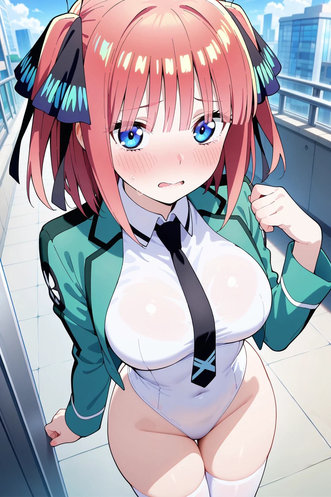 NSFW,Bare breasts,The Bride of Fifths,Jino Nakano,Breast,Twin-tailed,Black long cardigan,open cardigan,whiteshirt,Light green skirt,white thighhig, Open jacket, short pink red hair,Long black-green butterfly hair ornament with twin tails.,Tsundere,Blue eyes,Evil smile,Top image quality,Best Quality